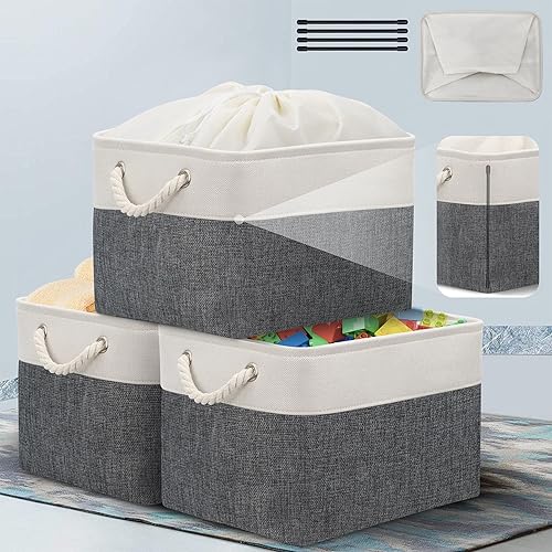 JSungo Paquete de 3 contenedores plegables de almacenamiento 15 x 11 x 10 pulgadas canastas plegables de almacenamiento para estante con funda de