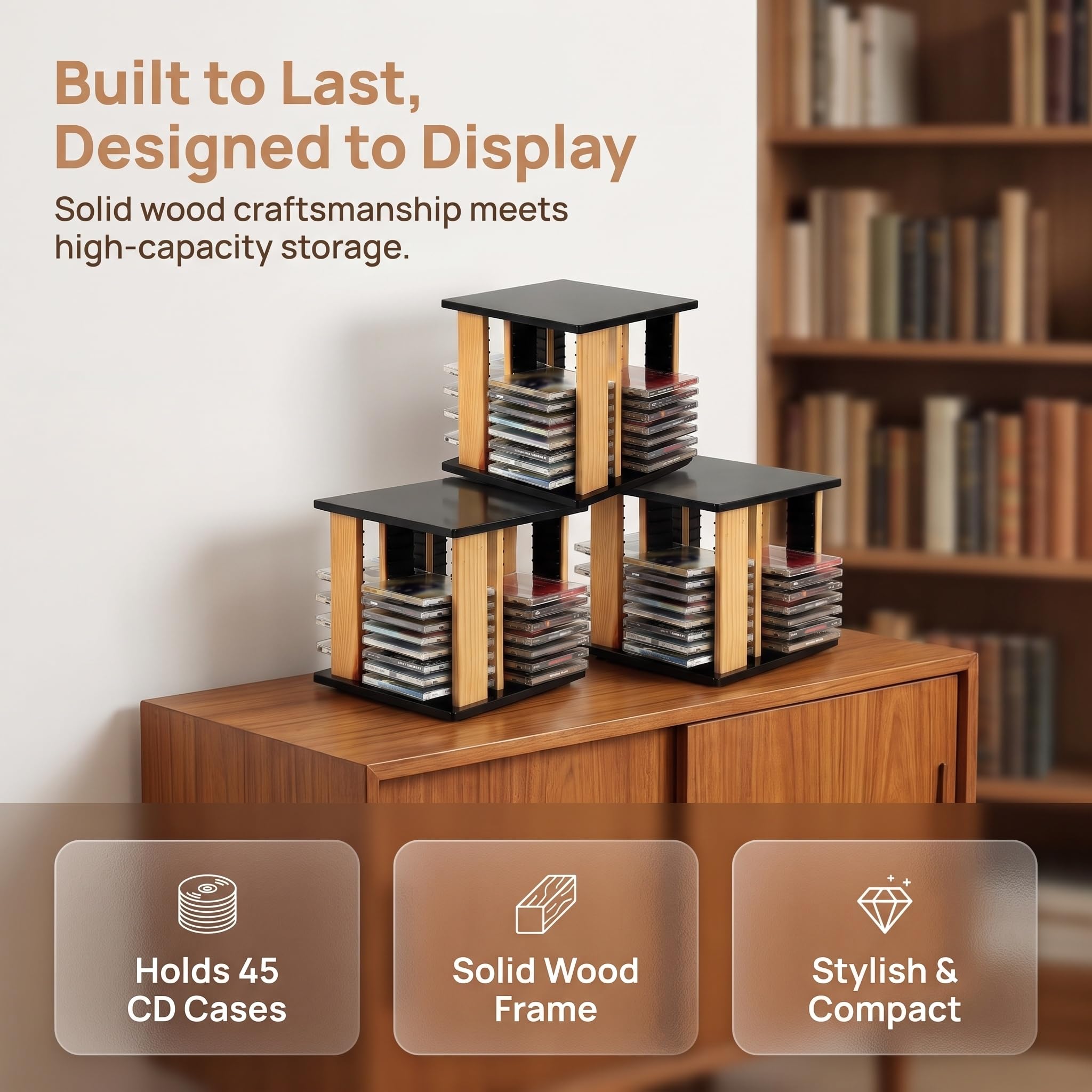 Porta CD da Scrivania, Porta CD Girevole, Ripiano in Legno per CD con capacità Fino A 45 Custodie, Organizer per CD per Home Theater E Collezionisti Musicali.