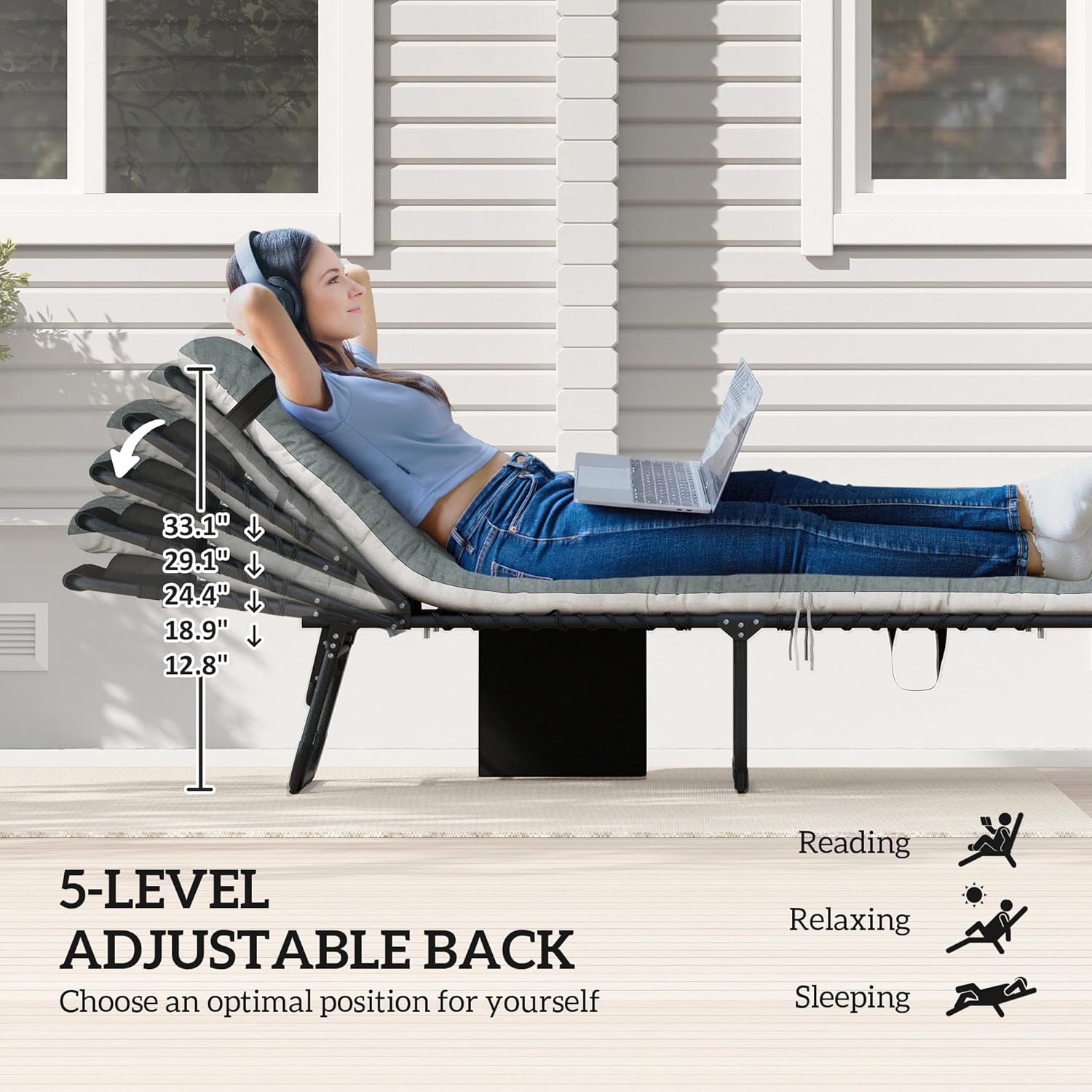 Outsunny Chaise Lounge Chair Outdoor Set of 2, 5-Position Adjustable Outdoor Pool Lounge Chairs, Folding Tanning Chair Beach Lounger with Cushion, Headrest, Side Pocket for Patio, Yard, Black/Gray