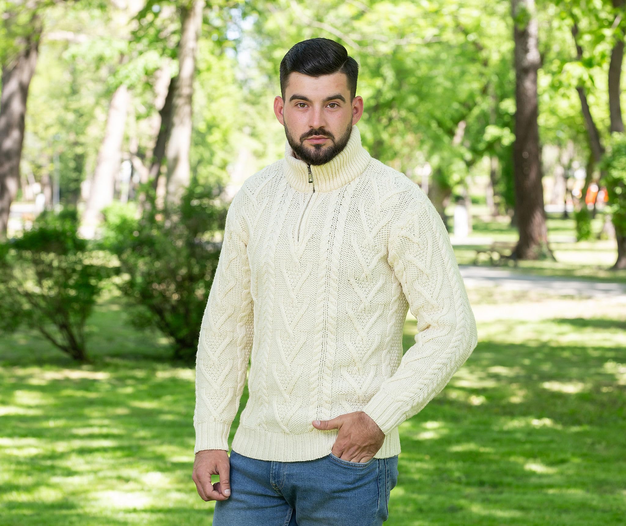 SAOL 100% Lana Merino para Hombre, Cuello con Cremallera, Pescador irlandés, Tejido de Cable, suéter al Aire Libre de Invierno