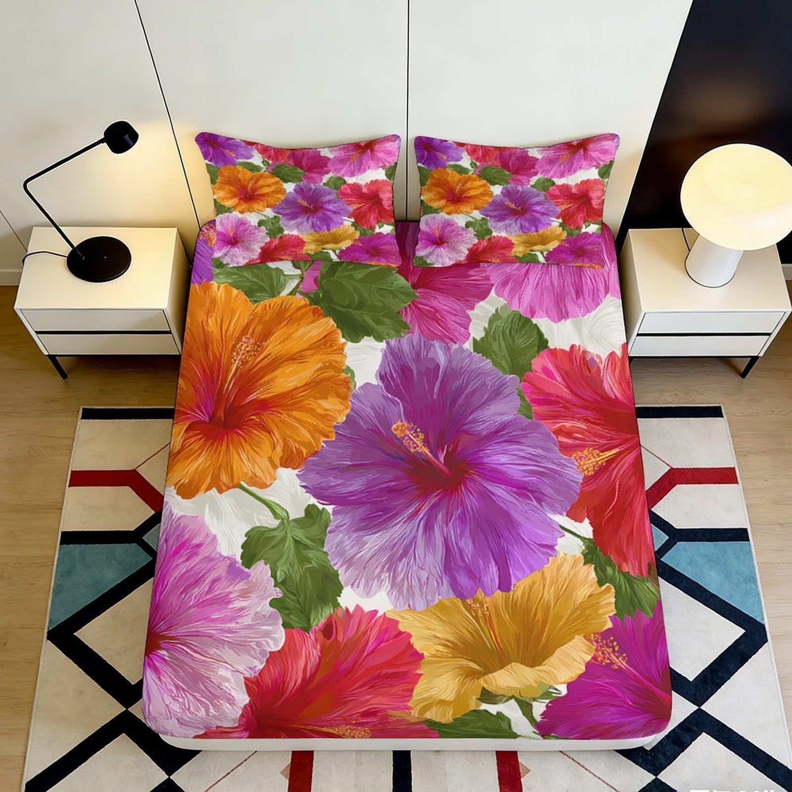 3D Printed Tropical Hibiscus Fitted Sheet Microfiber Vibrant Blossom Bed Cover Anti-Slip Machine Washable for Bedroom Guest Room Decor 90x200x25cm