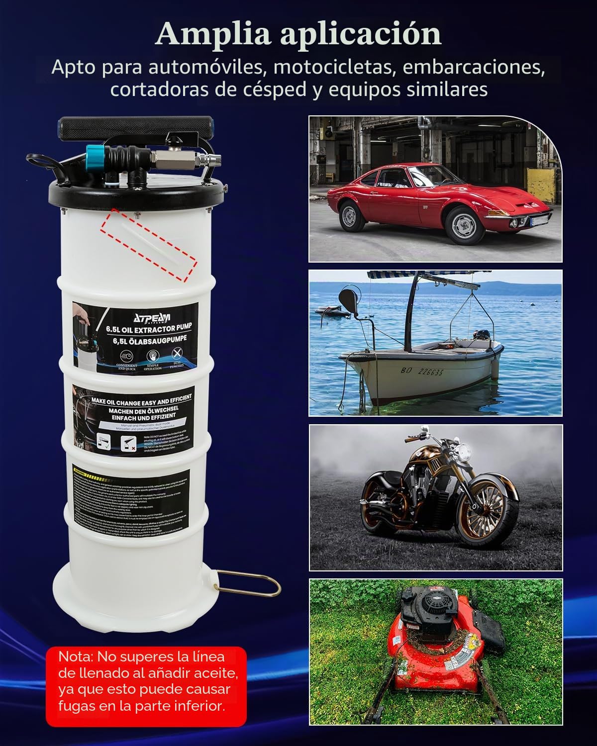 ATPEAM Bomba Extractora Aceite Coche 6,5L，Extractor de Aceite Motor Coche Neumático y Manual con Manómetro y Manguera de Succión