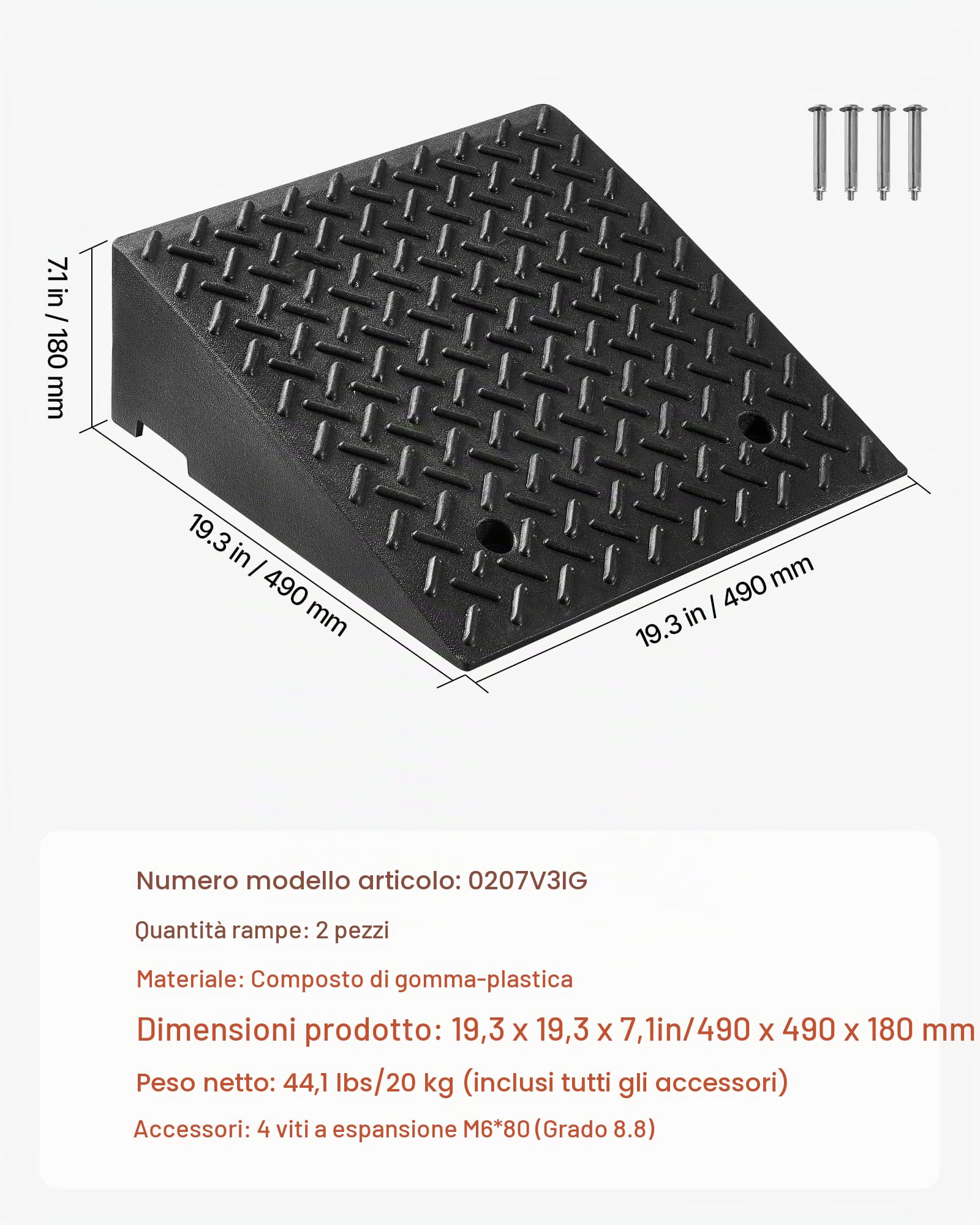 VEVOR Rampa per Marciapiede, Capacità di Carico di 3,175 T, Altezza di Salita di 17,8 cm, con Serbatoio di Drenaggio per Sedie a Rotelle, Passeggini, Motociclette, Automobili, Confezione da 2
