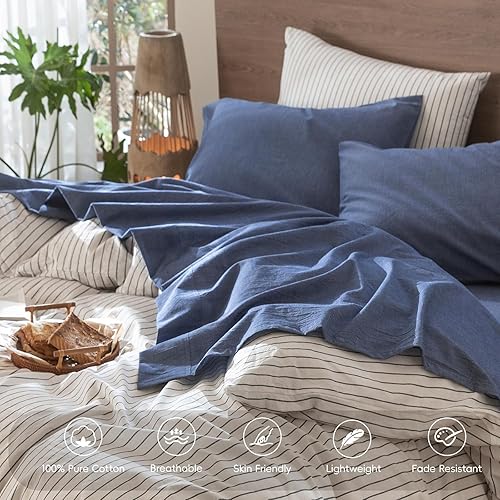 Miniatura 4 de MooMee - Juego de sábanas de 100% algodón lavado, textura parecida al lino, transpirable, duradero, suave y cómodo (color azul, tamaño queen)