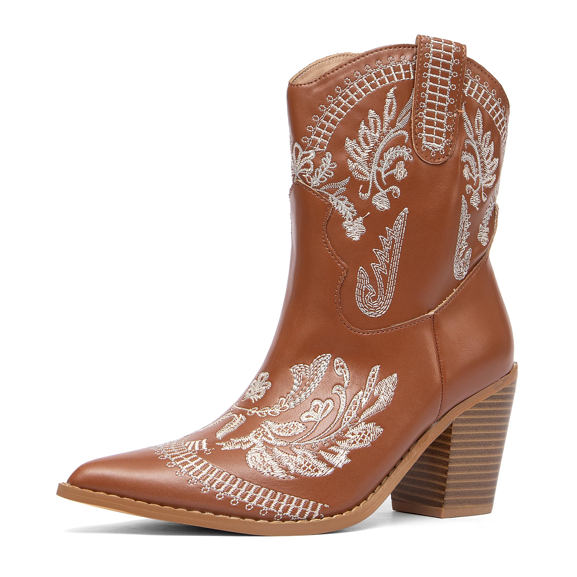 NEWBELLA Womens Cowgirl Ankle Boots - Western Embroidered Pointed Toe Cutout Booties with Chunky Heel for Country Fashion