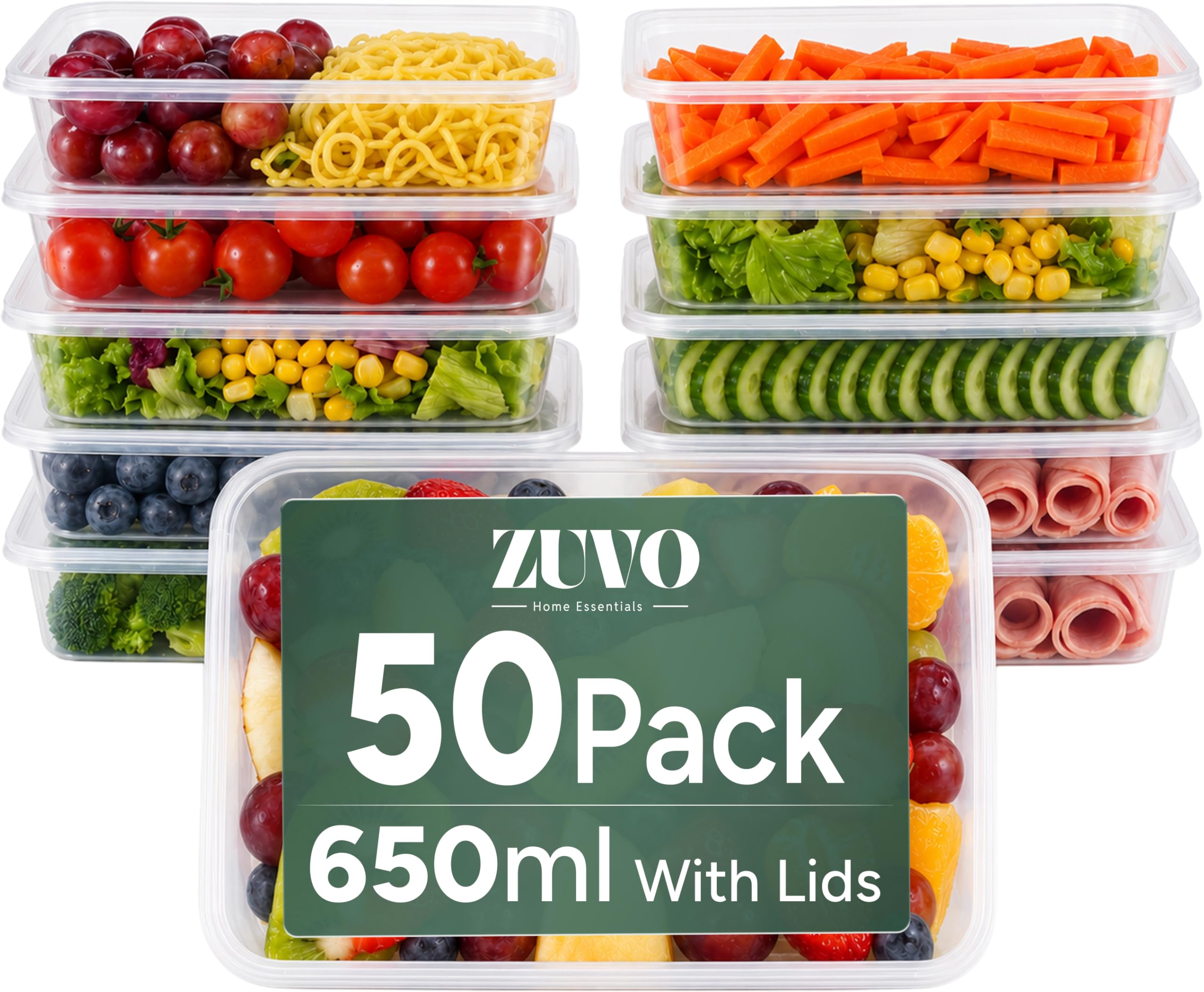 Zuvo Plastic Food Containers 650 ml with Lids, 50 Pack, Reusable