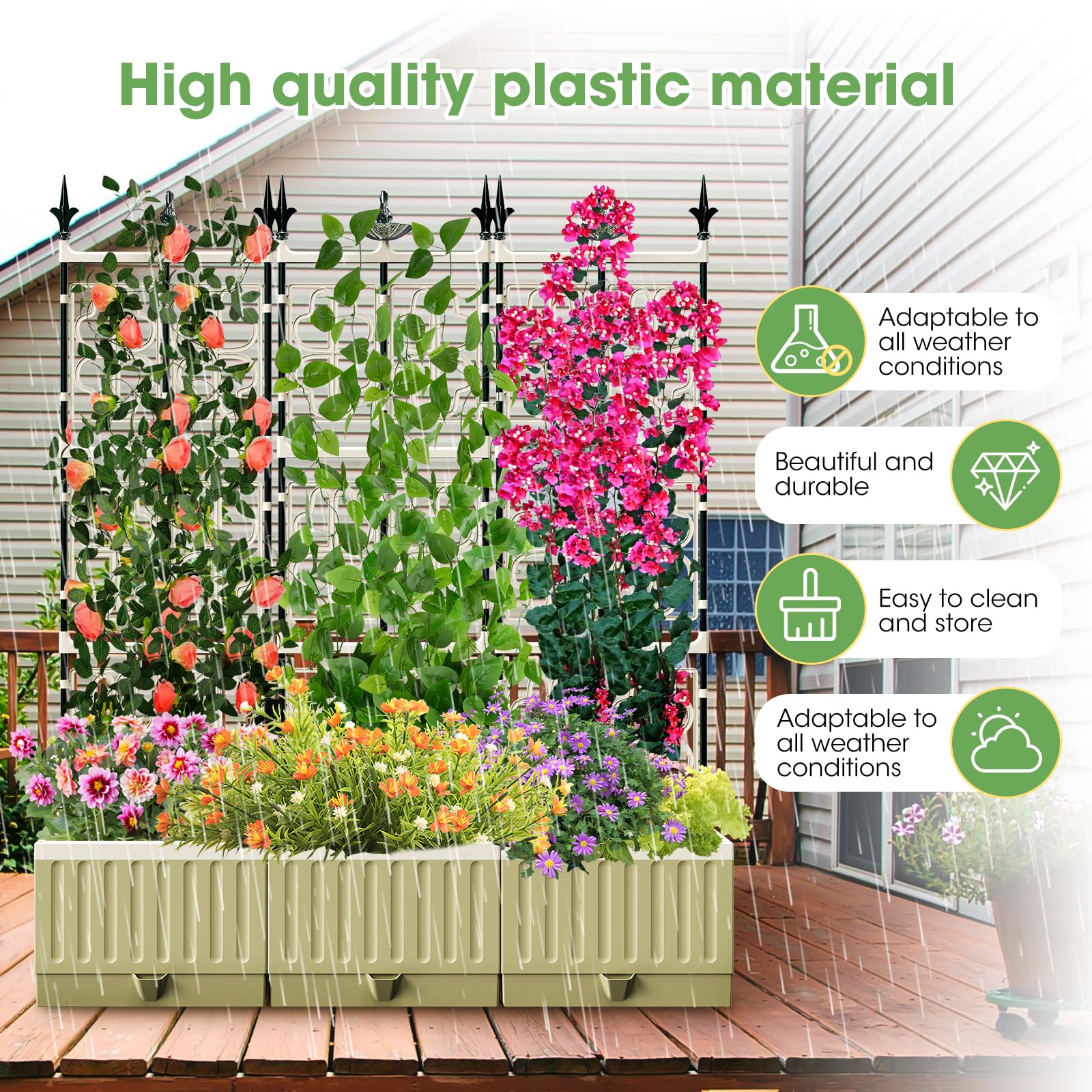 Cama de jardín elevada con enrejado de metal, maceta elevada de 142 cm con riego automático, maceta elevada para plantas trepadoras, frutas, verduras, flores