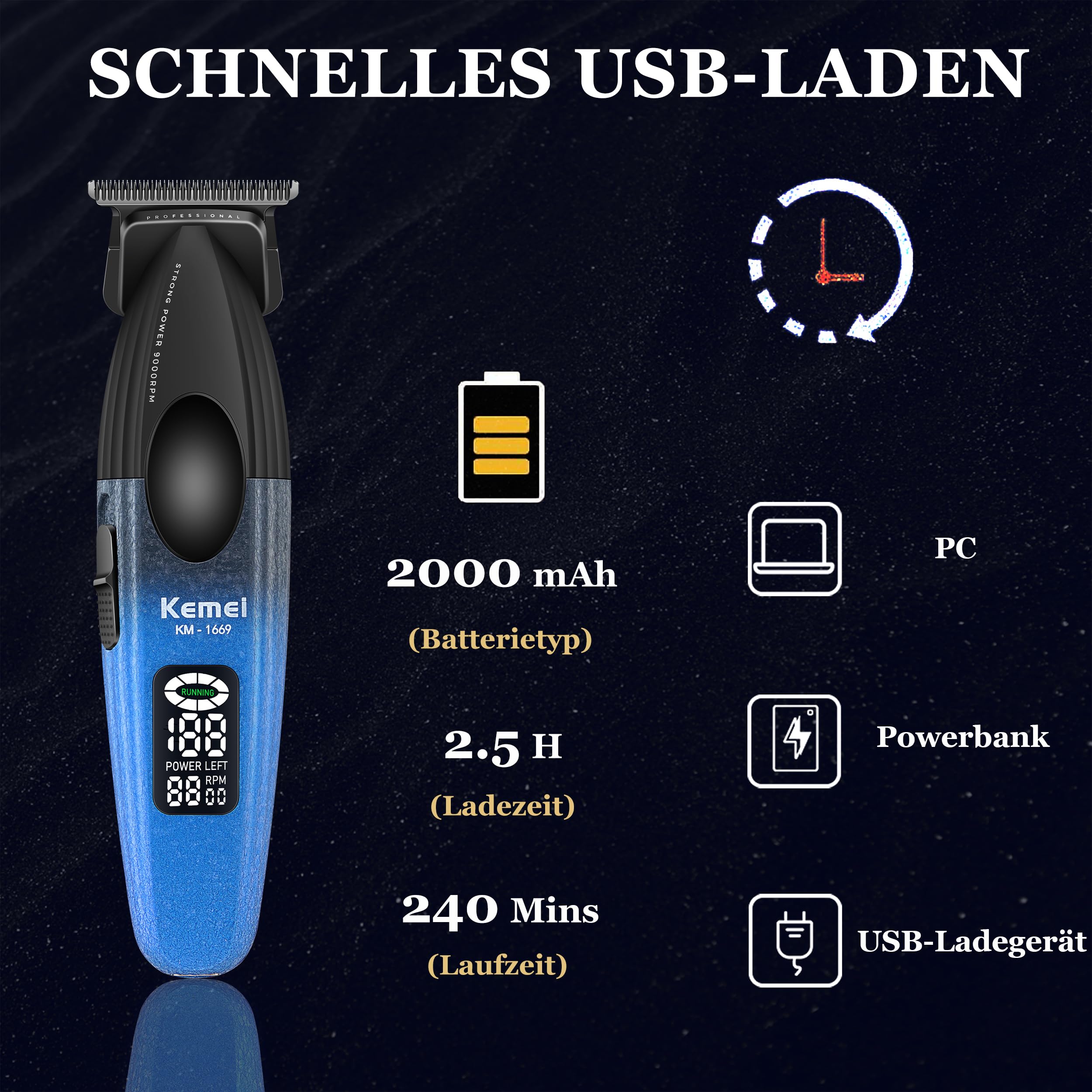 KEMEI 1669 Bartschneider für Männer, Kabelloser Haarschneider | mit LED-Anzeige, 9000 U/min Haarschneidemaschine für Barbier mit Ladebasis, DLC-beschichtete T-Klinge