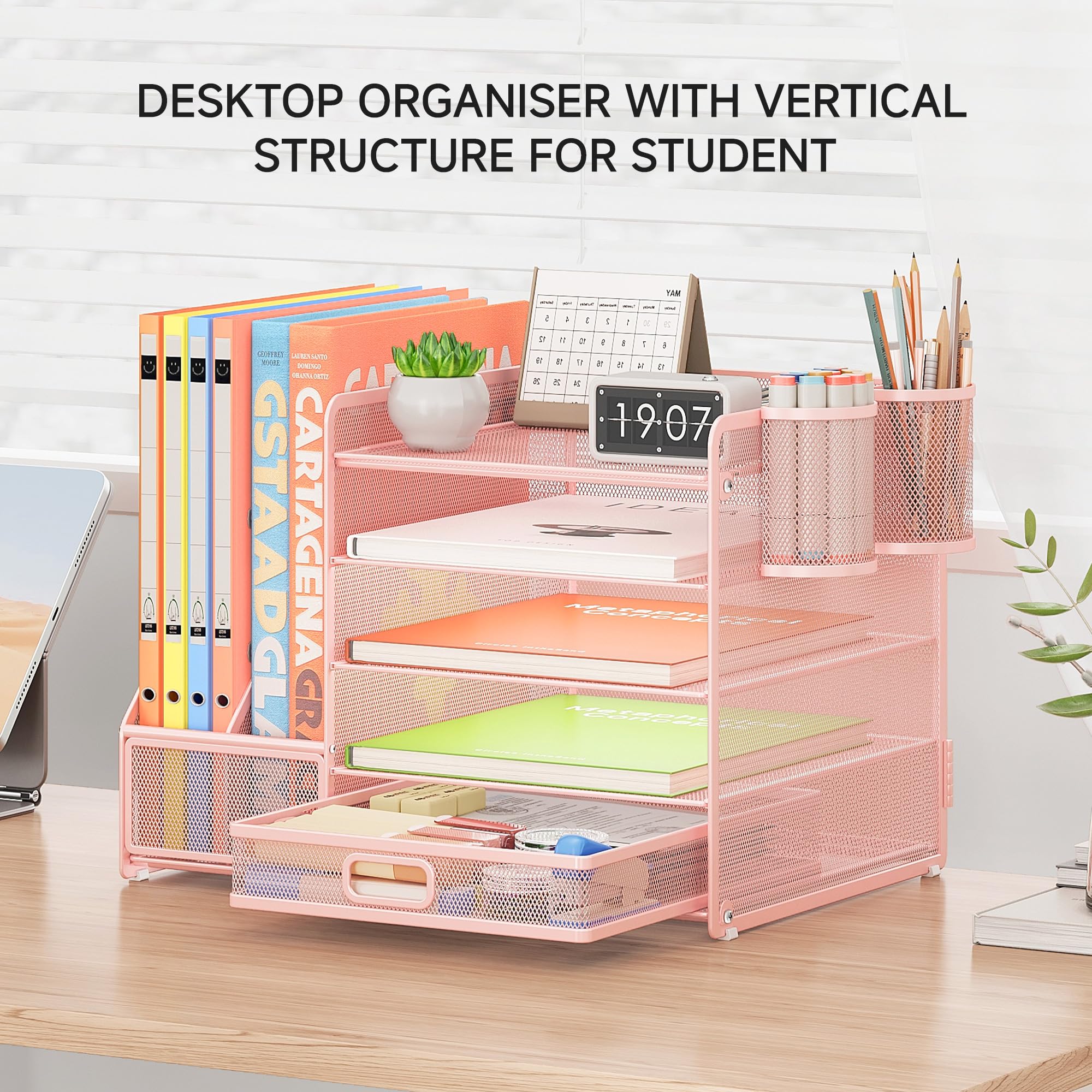 VITVITI Organizer Scrivania, 5 Livelli Portadocumenti con 2 Portariviste, Ufficio Accessori con 2 Portapenne, Organizer Ufficio con Cassettiera, Accessori Scrivania per Riviste, Casa, Scuola (Rosa)