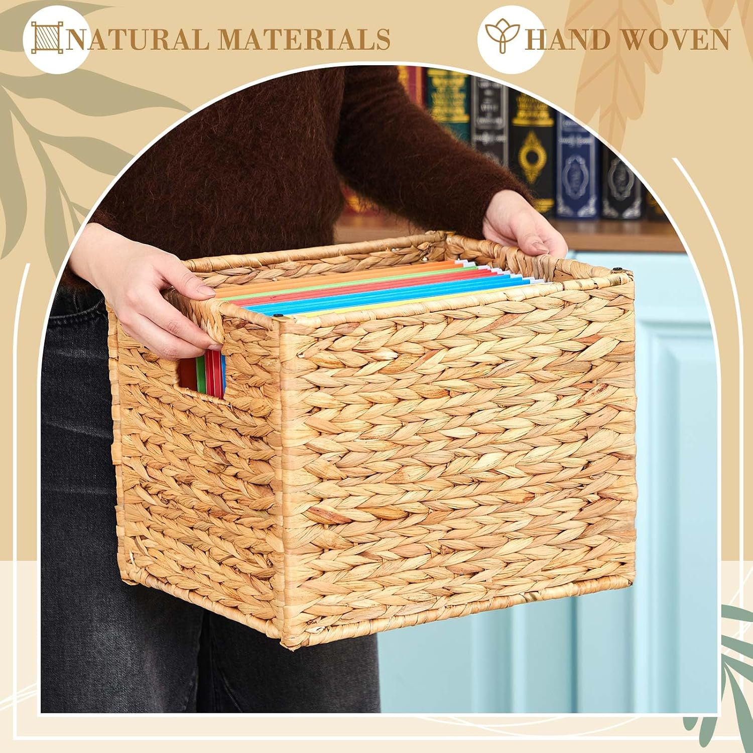 Jingmore Hanging File Box, Water Hyacinth Collapsible Woven File Organizer for Letter Size Files, Portable Decorative Storage Basket with Handles for Home Office Decor