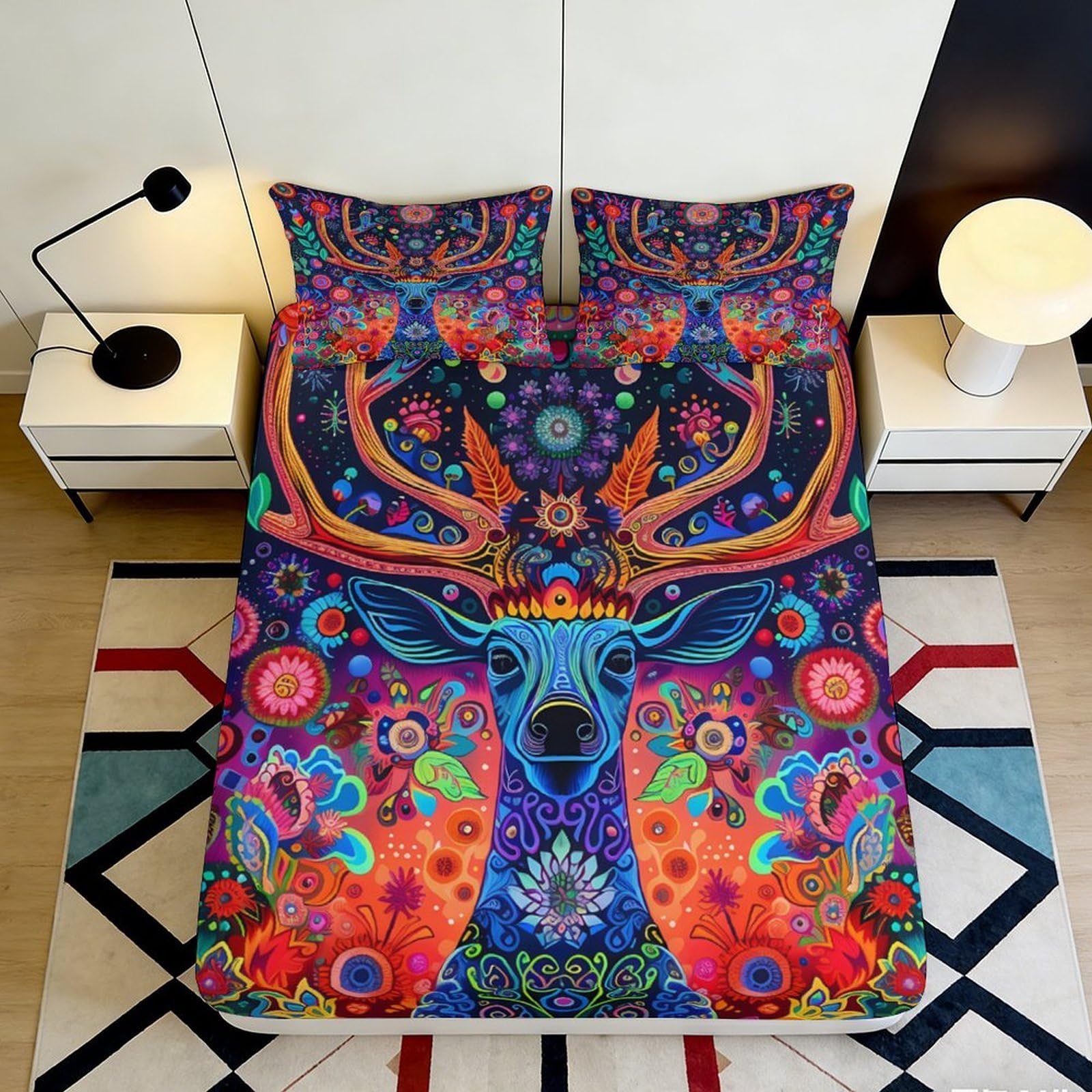 3D Printed Psychedelic Deer Fitted Sheet Microfiber Colourful Floral Forest Mattress Cover for Bedroom Dorm Decor 90x200x25cm