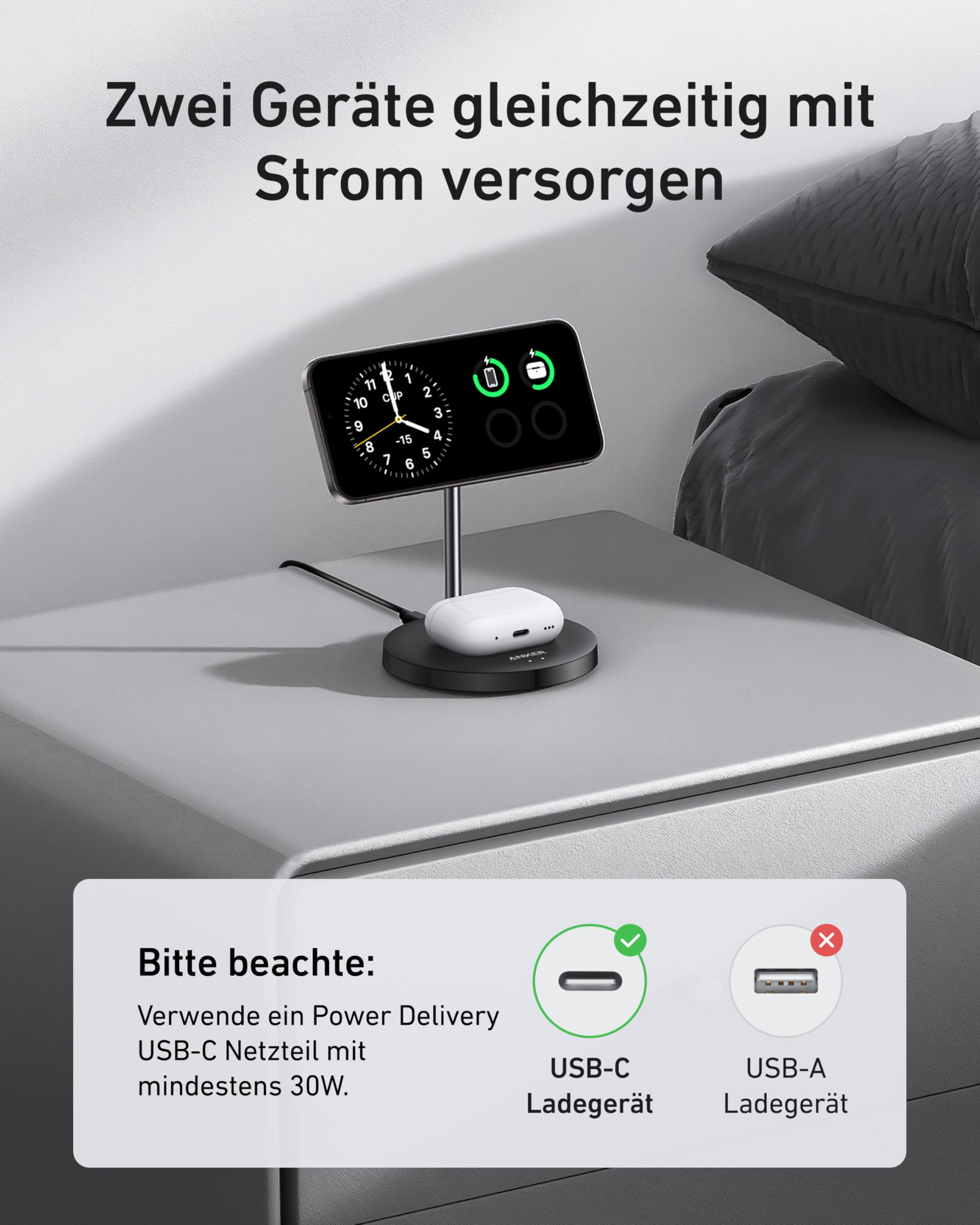 Anker MagGo 15W Magsafe Ladegerät kompatibel, 2-in-1 Induktive Ladestation, Qi2 Wireless Charger für iPhone 17/16/15/14/13/12, AirPods Pro, Mit 1,5m USB C Kabel, ohne Netzteil