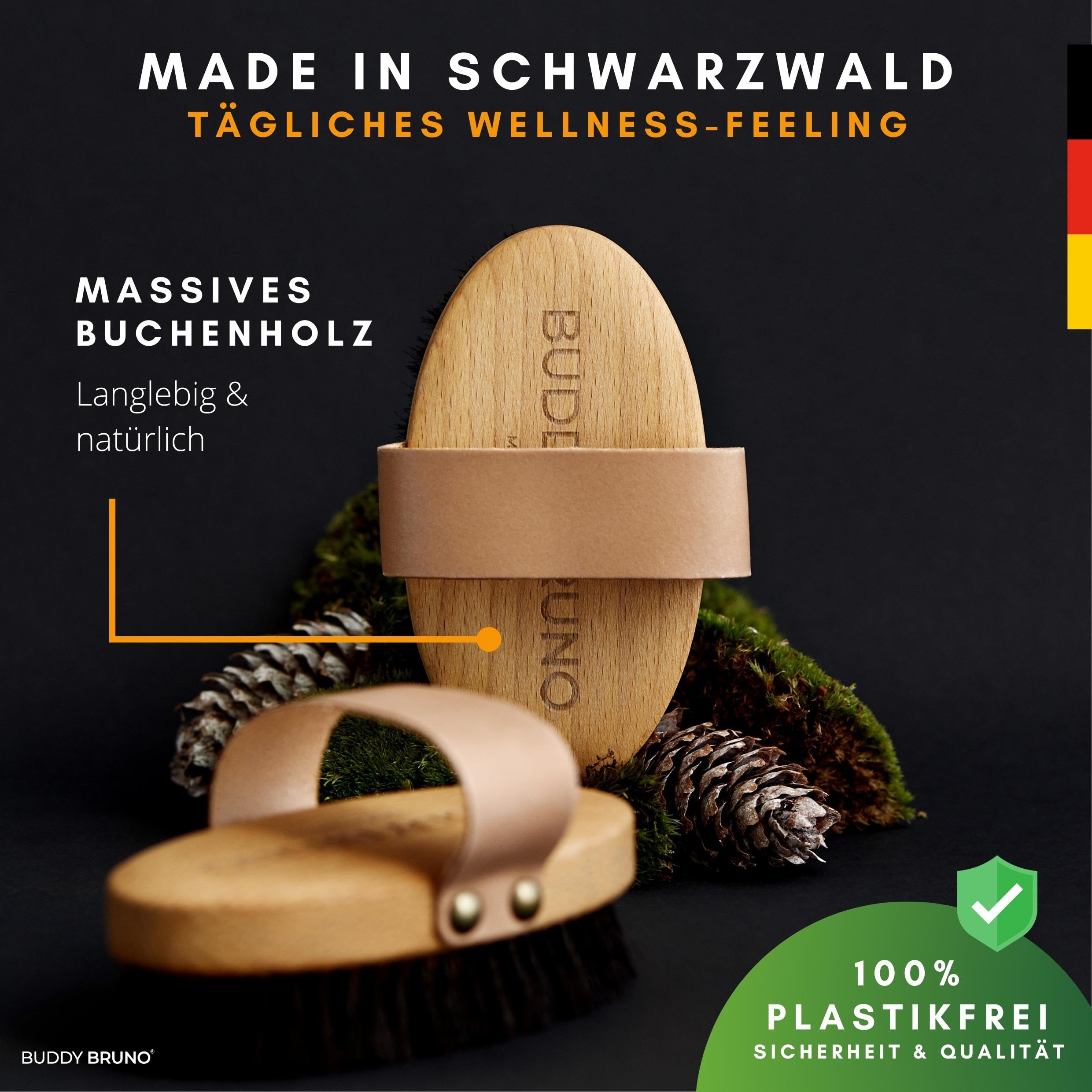 BUDDY BRUNO® Hundebürste Kurzhaar mit 100% Naturborsten, Fellbürste für die tägliche Fellpflege, Premium Striegel für Hunde & Katzenbürste, inkl. Bürstenreiniger, MADE IN DE