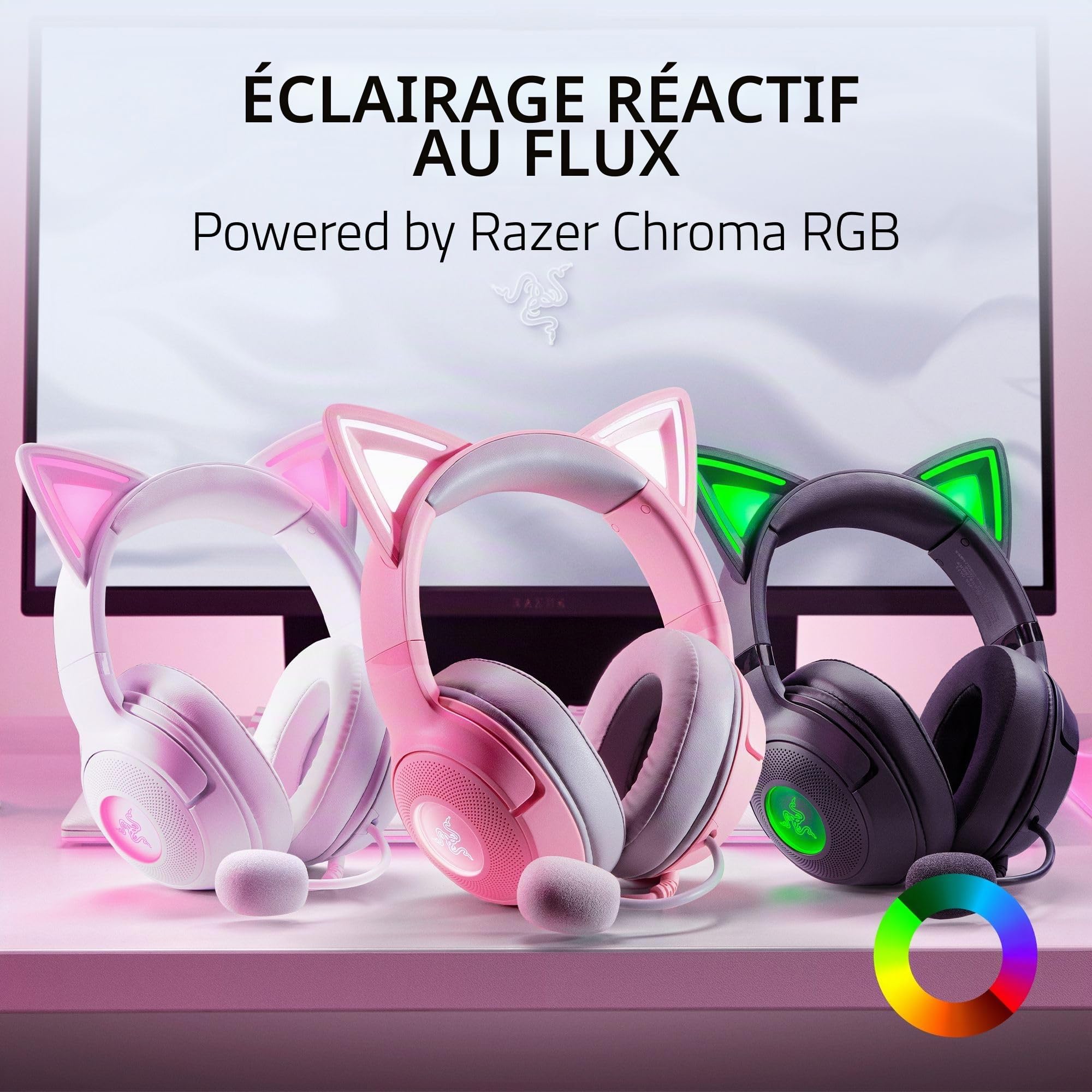 Razer Kraken Kitty V2 Casque Filaire USB RGB : Chroma Kitty Ears - Éclairage réactif - Micro cardioïde HyperClear - Pilotes Triforce 40 mm - Son Surround 7.1 - Quartz Rose