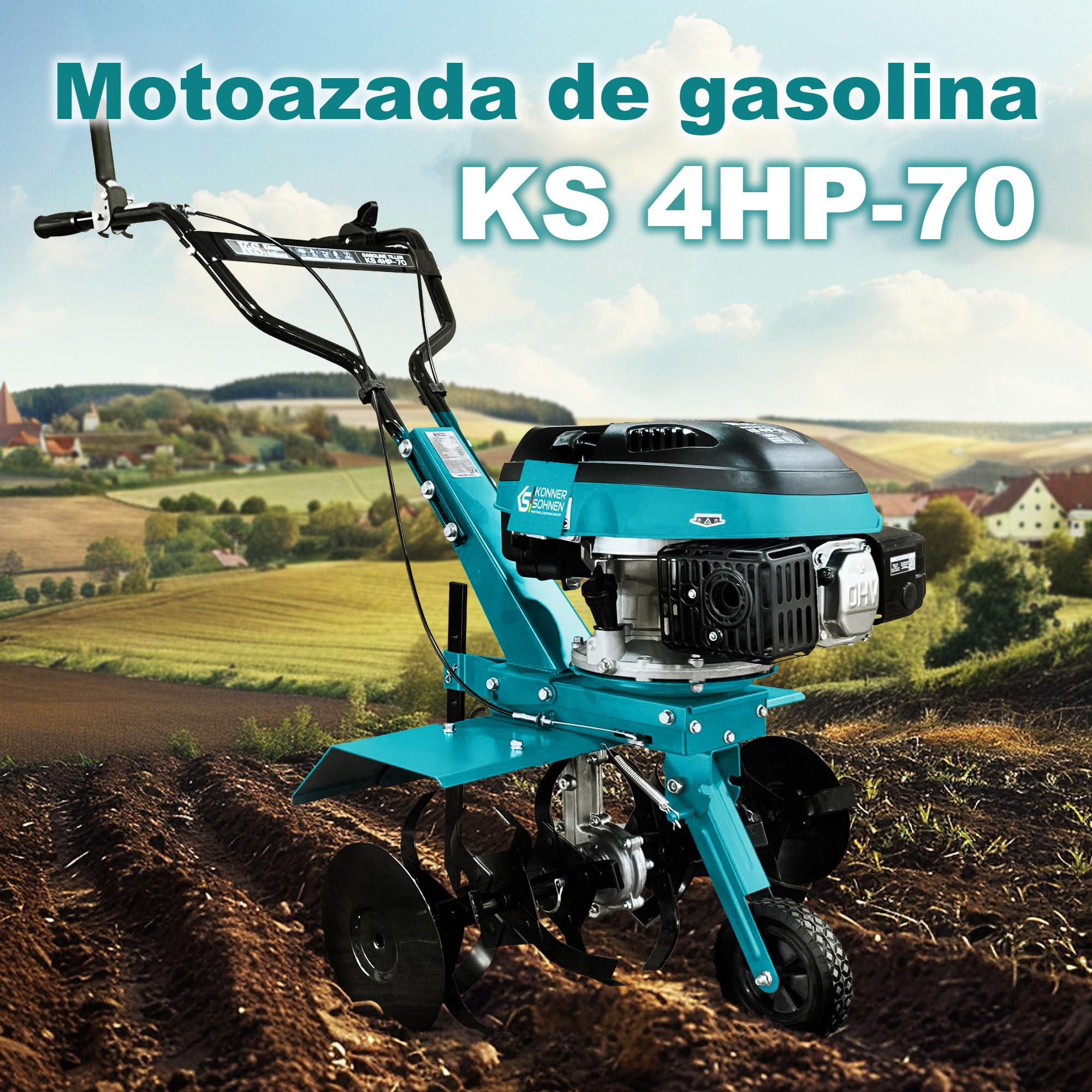 Könner & Söhnen KS 4HP-70 - Motobloque de Gasolina con accionamiento por Correa, motocultor con Fresa Sable forjada, Ancho de Trabajo ≤ 70 cm, Profundidad de Trabajo ≤ 27 cm, Potencia del Motor 4
