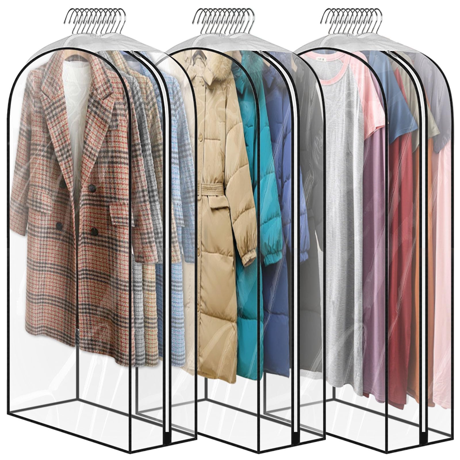 3 Pack 60" All Clear Garment Bags for Hanging Clothes Storage, 10" Gusseted Large Capacity Garment Rack Cover, Large Hanging Clothing Bag for Dress Gowns, Coats, Suit, Down Jacket