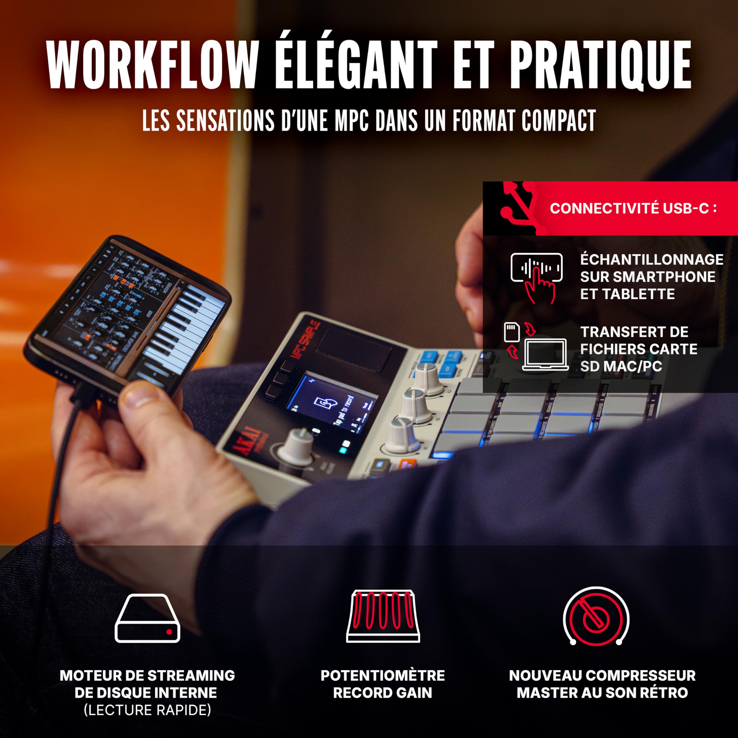 Akai Professional MPC Sample - Sampler Portable Autonome, Séquenceur et Processeur d'Effets avec Batterie Rechargeable, USB-C, Haut-Parleur et Micro