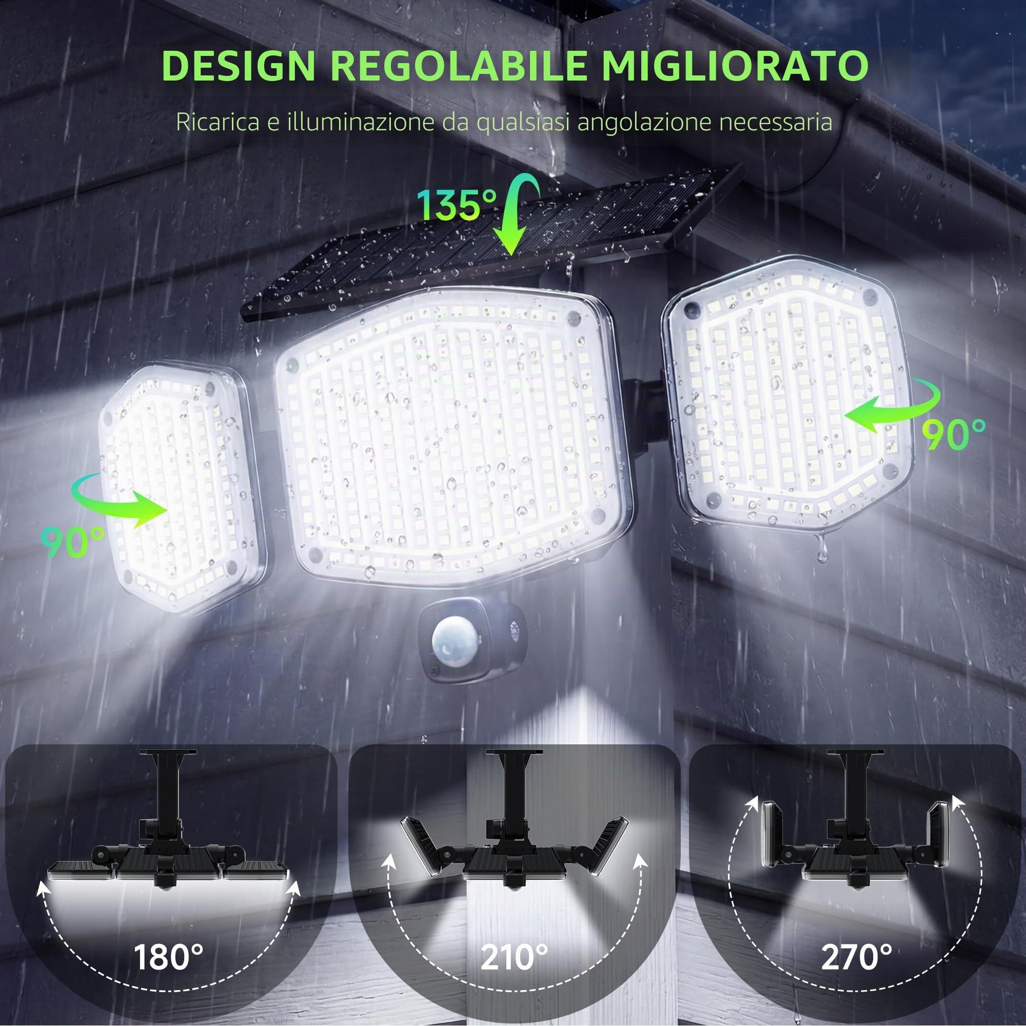 Faretto Led da Esterno Solare con Sensore di Movimento, 426 LED Luce | Faretto Led da Esterno Solare con 2000mAh 1200LM, 3 Testa 3 Modes, IP65 Impermeabile, Illuminazione a 270°, Giardino Garage