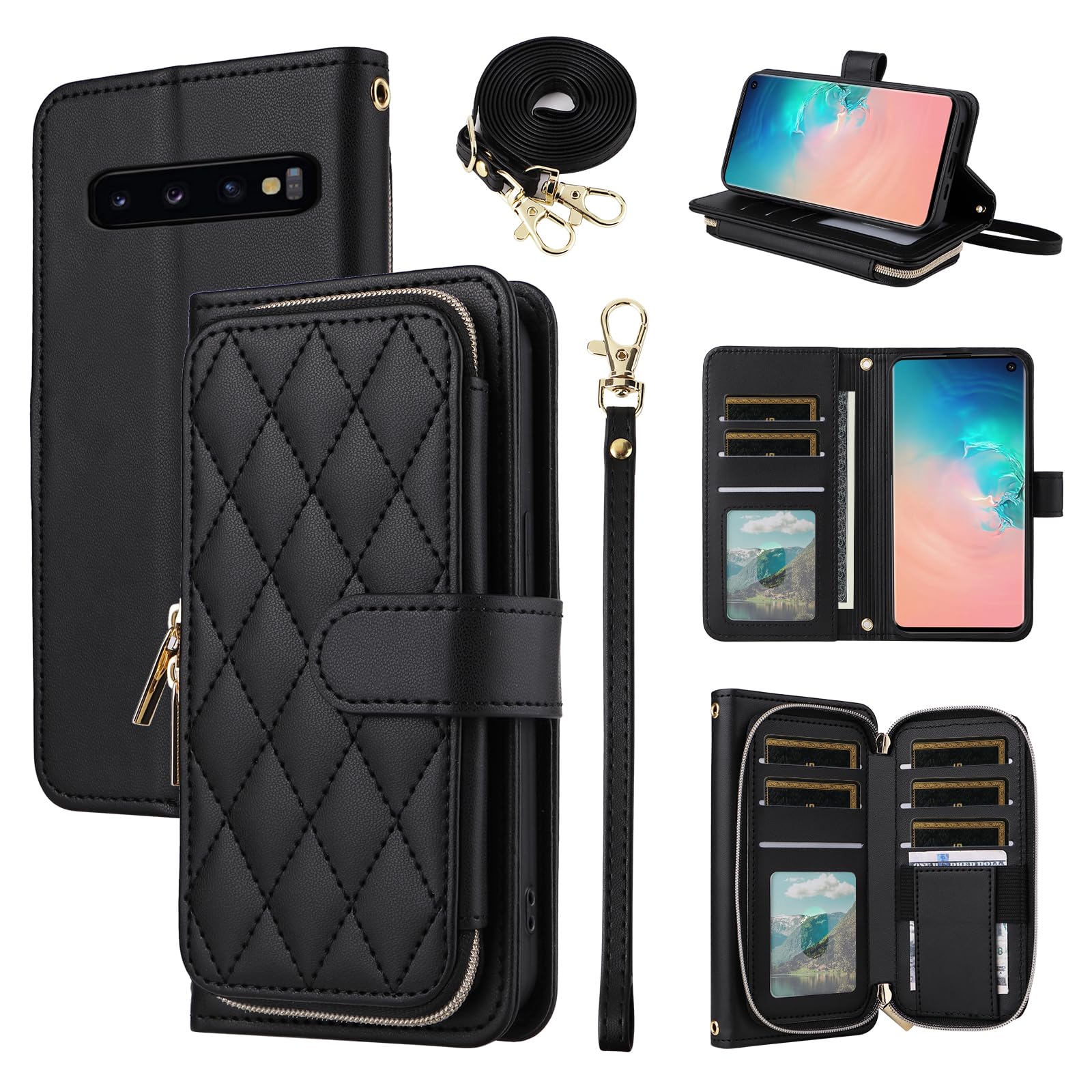 Furiet Wallet Case for Samsung Galaxy S10 Plus with Wrist Strap, Crossbody Shoulder Strap, Luxury PU Leather Stand Cell Phone Cover with 9+ Card