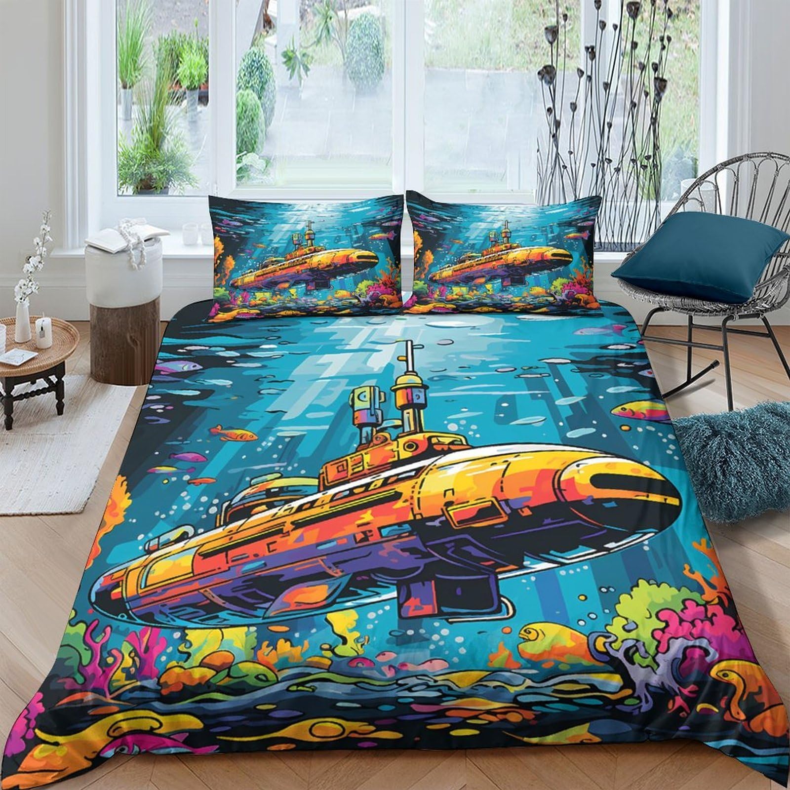 Ctjqhvkz Style-8 3D Printed Submarine Ocean Fitted Sheet Microfiber Colorful Underwater Bed Cover For Bedroom Home Decor Single（135X200cm）
