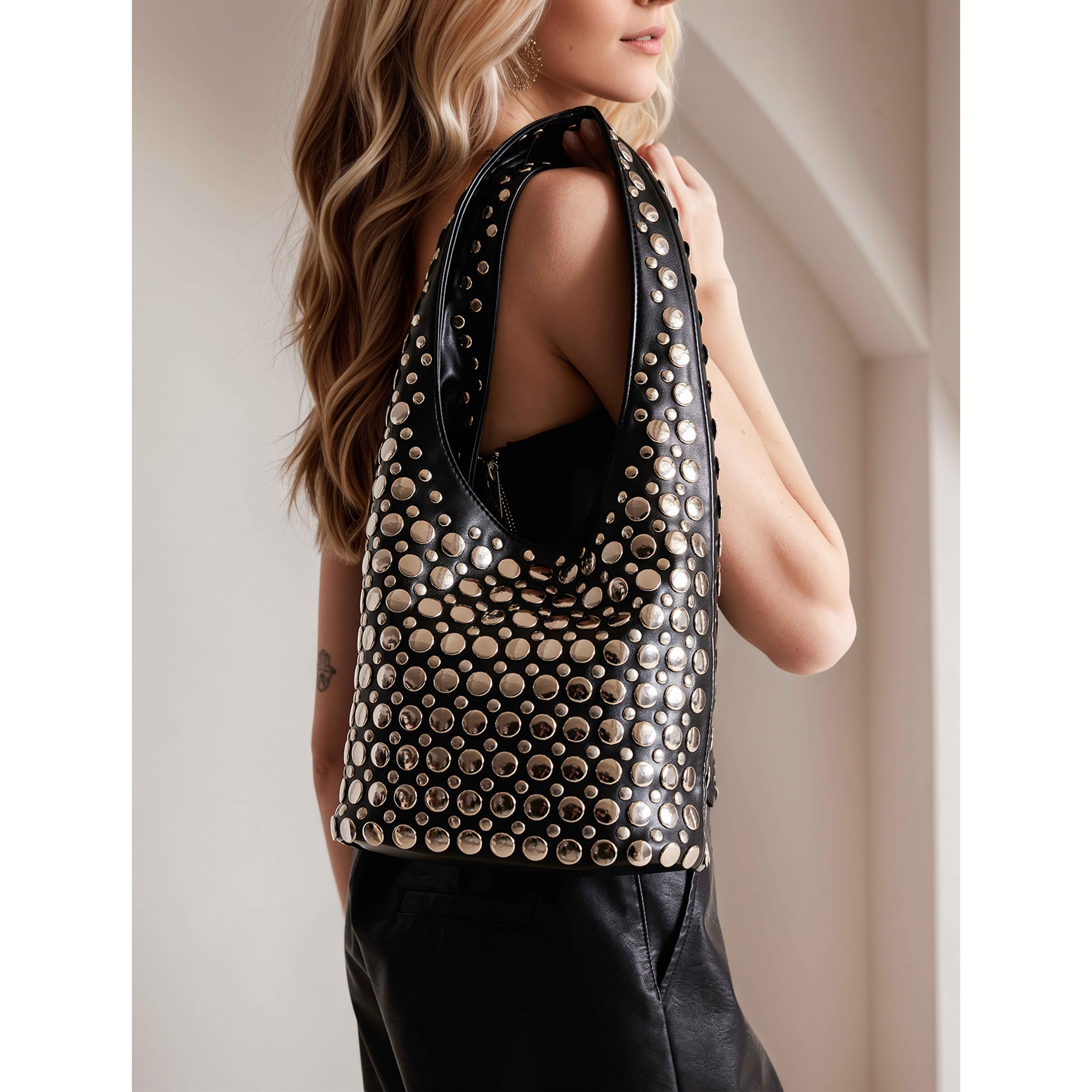 Ansseng Women's Vegan Leather Studded Shoulder Bag, Y2K Purse, 90s Punk Hobo Bag, 2025 Fashion Purse (Brown)