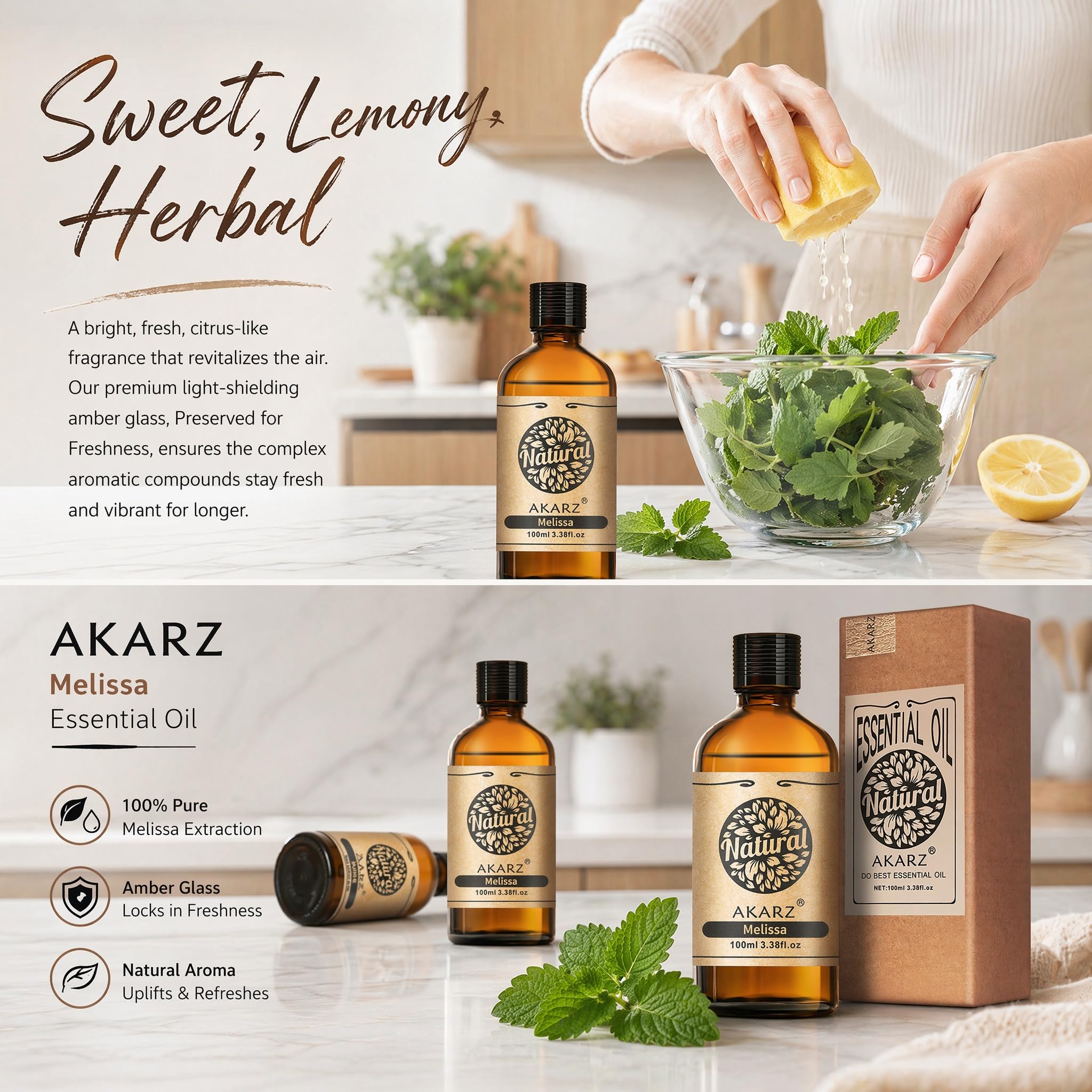 AKARZ 100ml Olejek esencjny z Melisy - Naturalny olejek aromatyczny do dyfuzorów, lamp aromatycznych i aromatów pomieszczeń