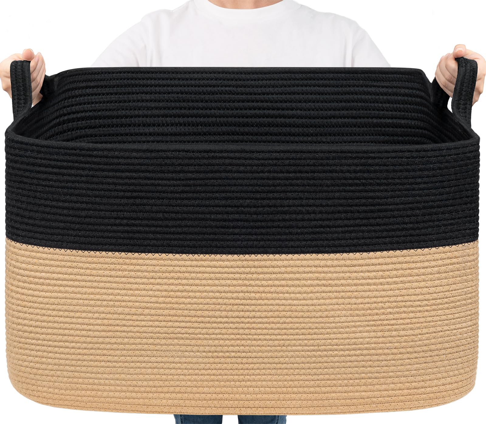 Goodpick 85L Large Woven Rope Blanket Basket, Rectangle, Black &amp; Camel | 23.6'' x 15.7'' x 13.8'' Wicker Storage Basket for Blankets, Pillows &amp; Toys, Home Organization &amp; Decor, Reinforced Handles