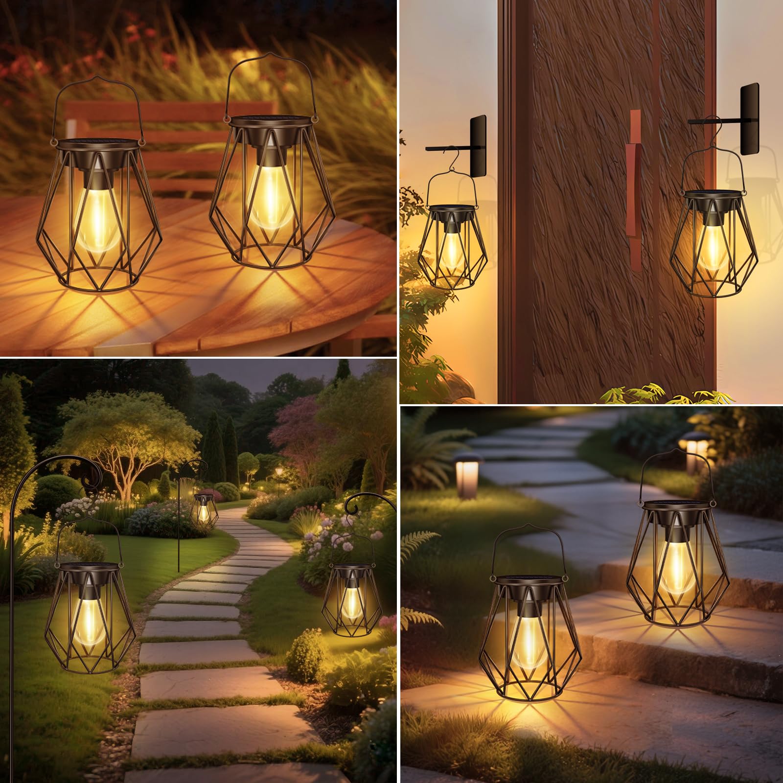 2 Piezas Farolillos Solares Exterior, IP65 Impermeable Lampara Solar Colgante/de Pie, Metal LED Farol Solar Exterior Jardin para Patio, Terraza, Césped, Camping, Balcón, Decoración, Halloween