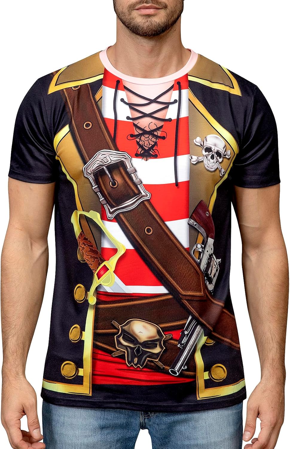 Funny World Men's Pirate T-Shirts Graphic Short Sleeve Halloween Costume
