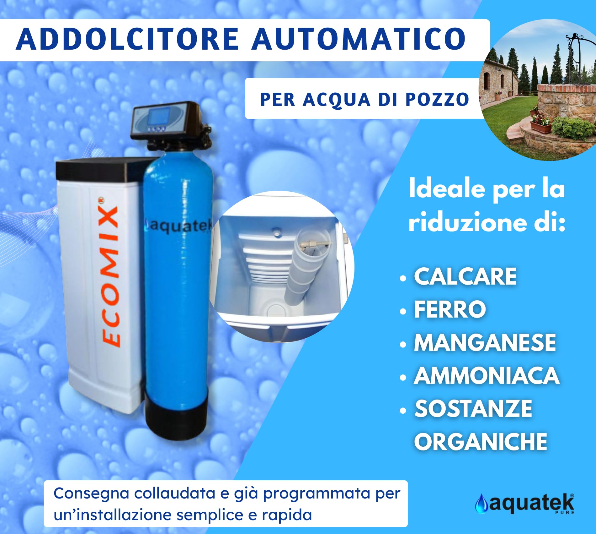 Aquatek - Addolcitore Automatico Acqua di Pozzo MIX LCD 4-C Riduzione Ammoniaca Calcare Ferro e Manganese Resine Ecomix Rigenerazione Automatica Display LCD Collaudato Programmato Pronto all'Uso