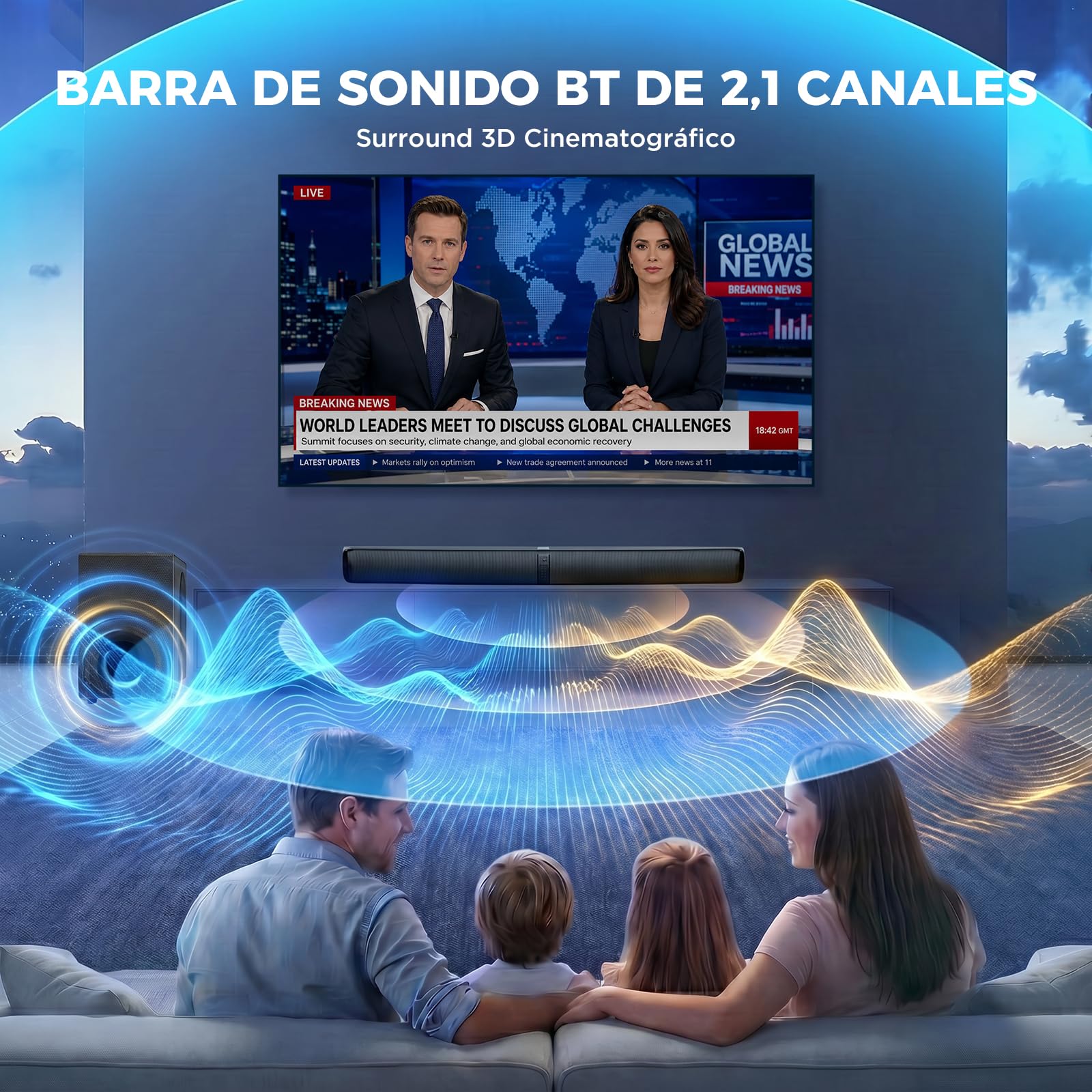 GarageRock 2.1ch Barra de Sonido con Subwoofer para TV, 110 W Peak 2-in-1 Altavoz con Adjustable Deep Bass, Bluetooth 5.3/ARC/Opt/AUX, Surround Sound System para TV/Ordenador/Proyectore/Regalo, 1 Set