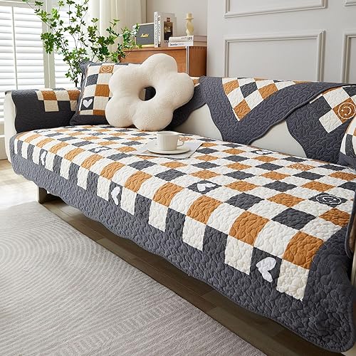 Miniatura 17 de vctops - Funda de sofá de Navidad a cuadros Buffalo Check de algodón, fundas de sofá seccional acolchadas de patchwork, funda de sofá antideslizante