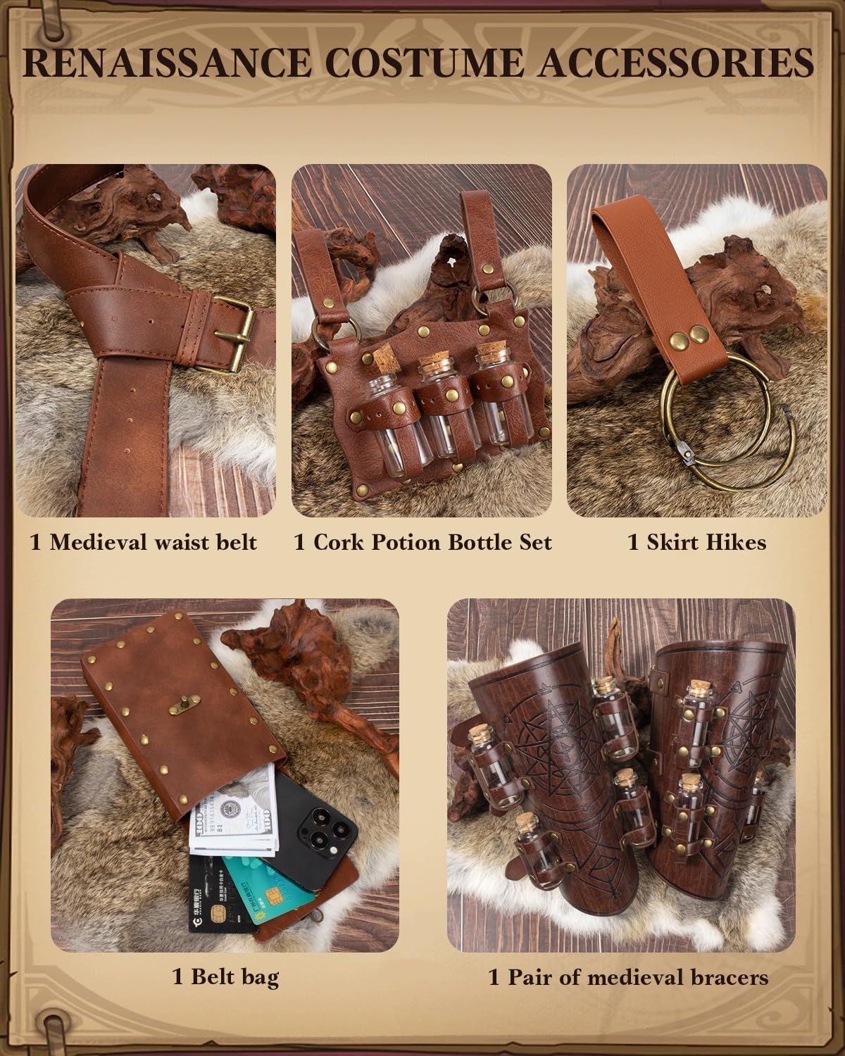 Medieval Renaissance Viking Bracer Wrist Guard, Leather Belt Pouch with Witch Bottle Vials, Festival Costume Accessory Waist Bag (Brown) - Image 3