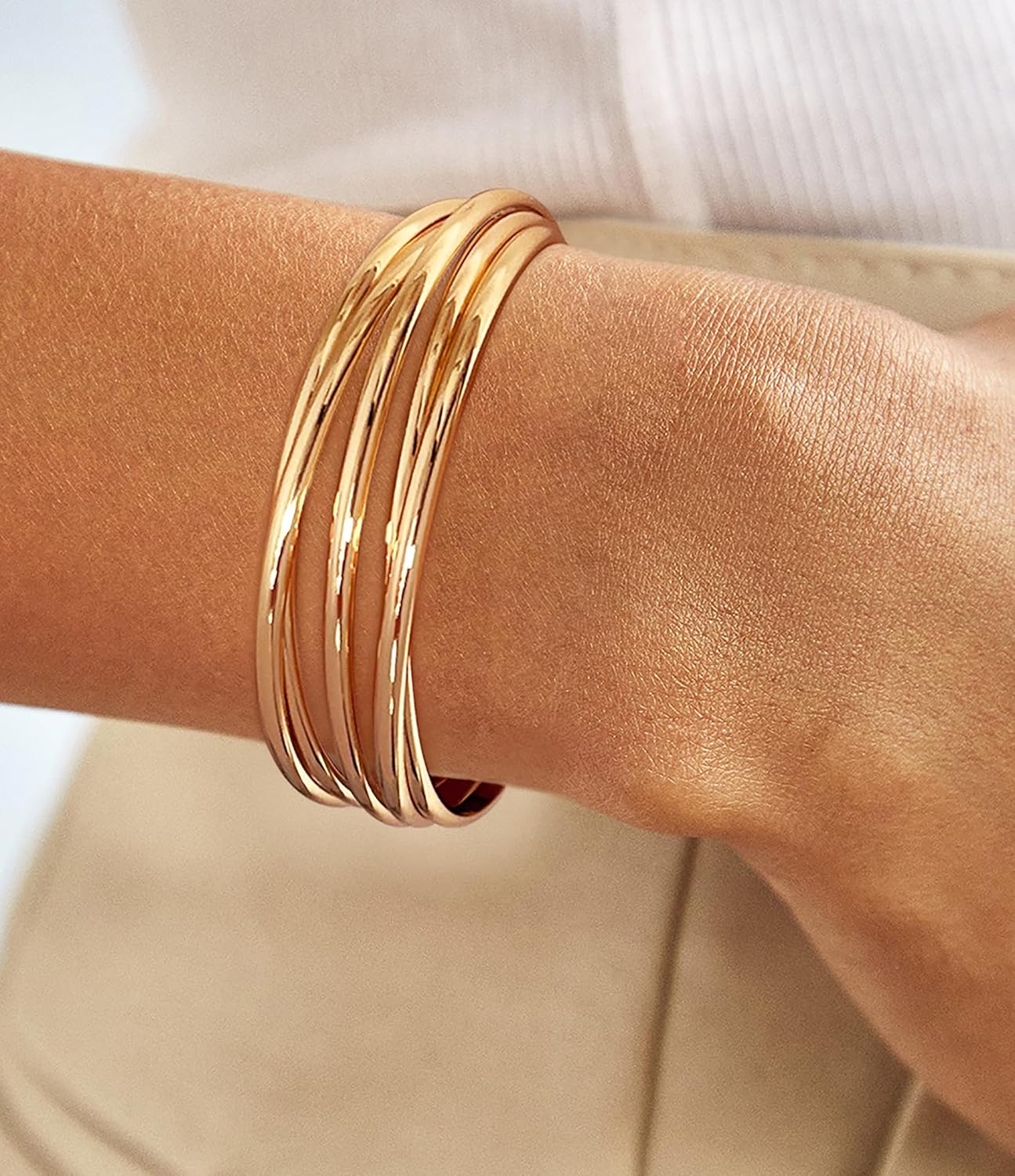 ENSKEFEN Gold Cuff Bracelet for Women Chunky Multi-layer Cross Wire Open Bracelet Hollow Wide Cuff Bracelets Adjustable Gold Open Cuff Bangle Bracelet - Image 3