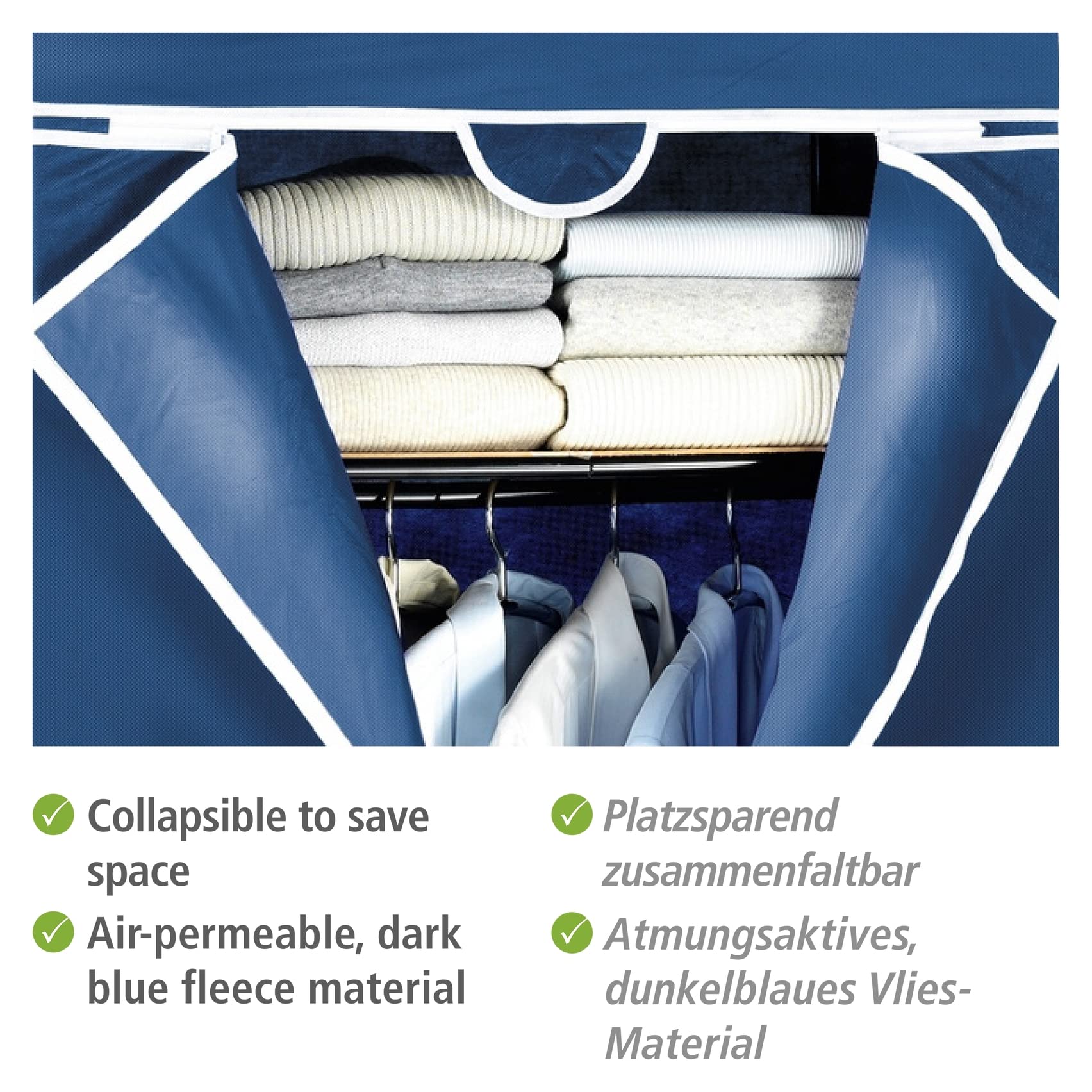 WENKO Kleiderschrank Blu, praktischer Stoffschrank mit Kleiderstange und Ablage zur schonenden Aufbewahrung von Textilien, stabiles Metallgestell und Bezug aus Vlies-Stoff (PP), 75 x 160 x 50 cm, Blau