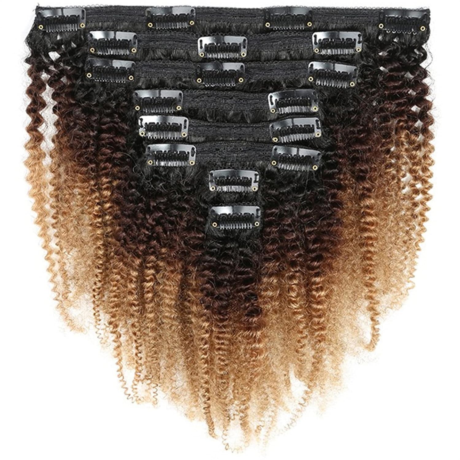 Clip In Human Hair Extensions 8pcs/set 120g/set Short 14" Afro Kinky Curly BBQ 3-Tone-Ombre-Color 1B/4/27 Black/Brown/Blonde Brazilian Remy Hair Hair Pieces 18 Clips In for Women
