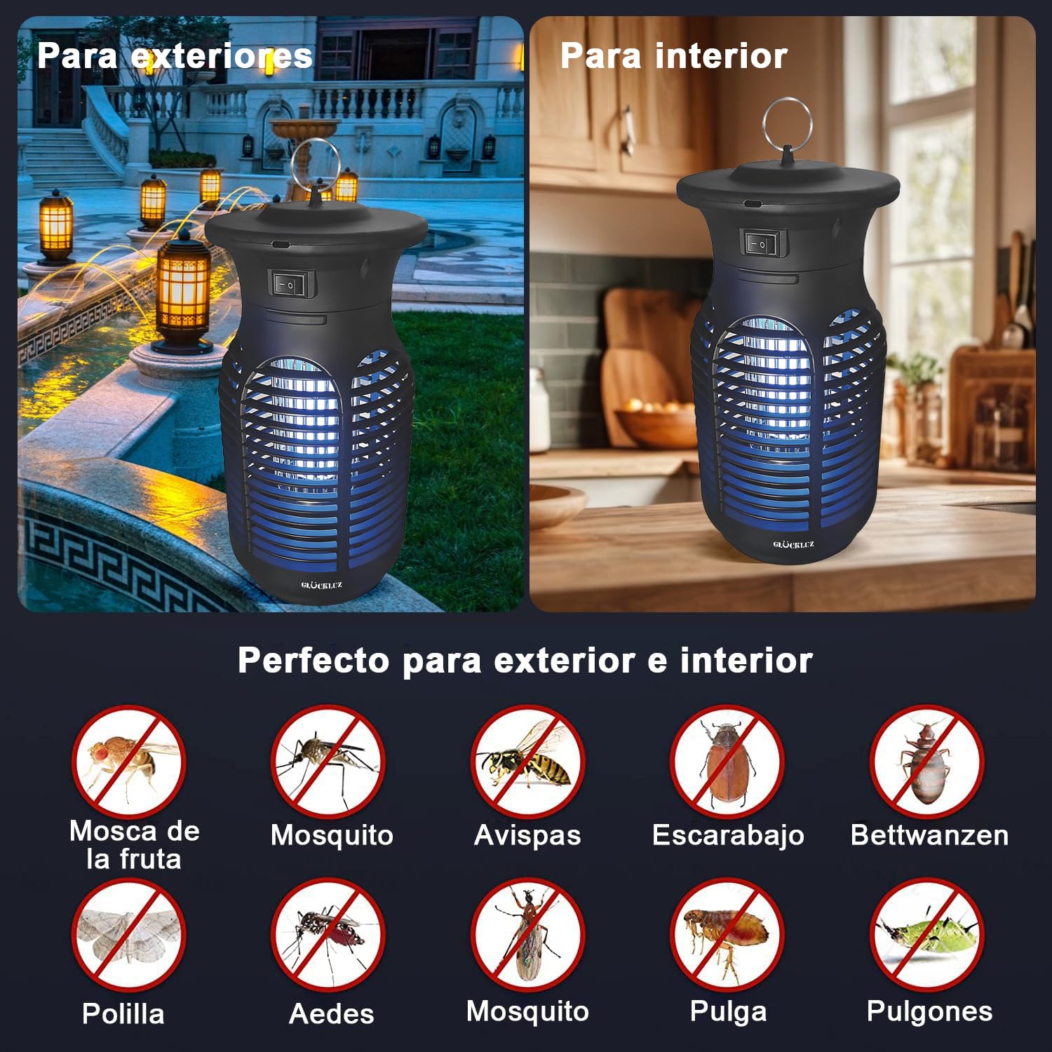 Glückluz Lampada Antizanzare – 20 W Ammazza Zanzare Elettrico & Acchiappamosche, con Luce LED 365–395 nm, Lampada Antizanzare per Interni, Esterni, Giardino, Terrazzo