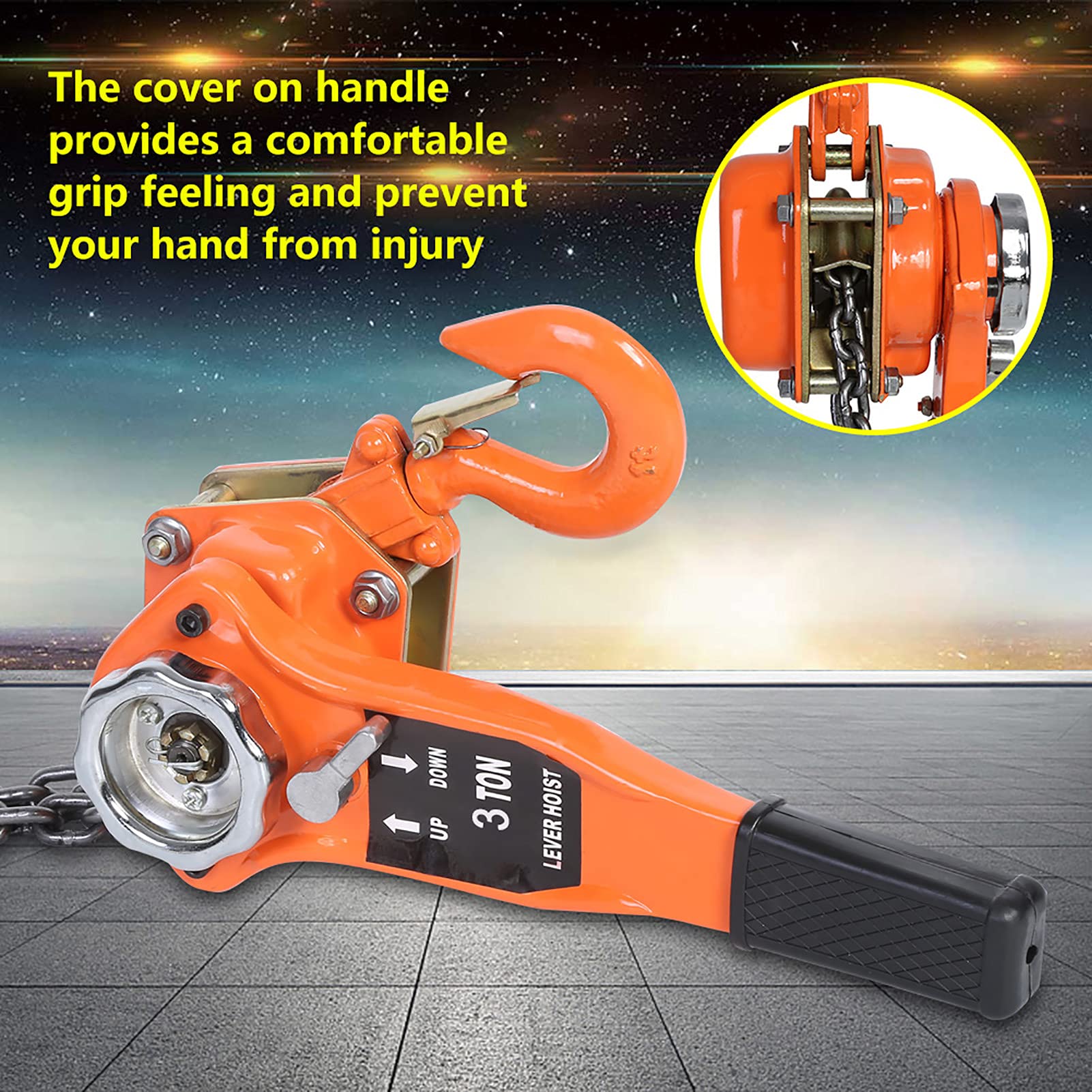 Orange 3000kg Chain Hoist Lever Pulley Lifting 3meters, Adjust up down switch, Alloy steel forging hook for overload safety, galvanized manganese steel chain