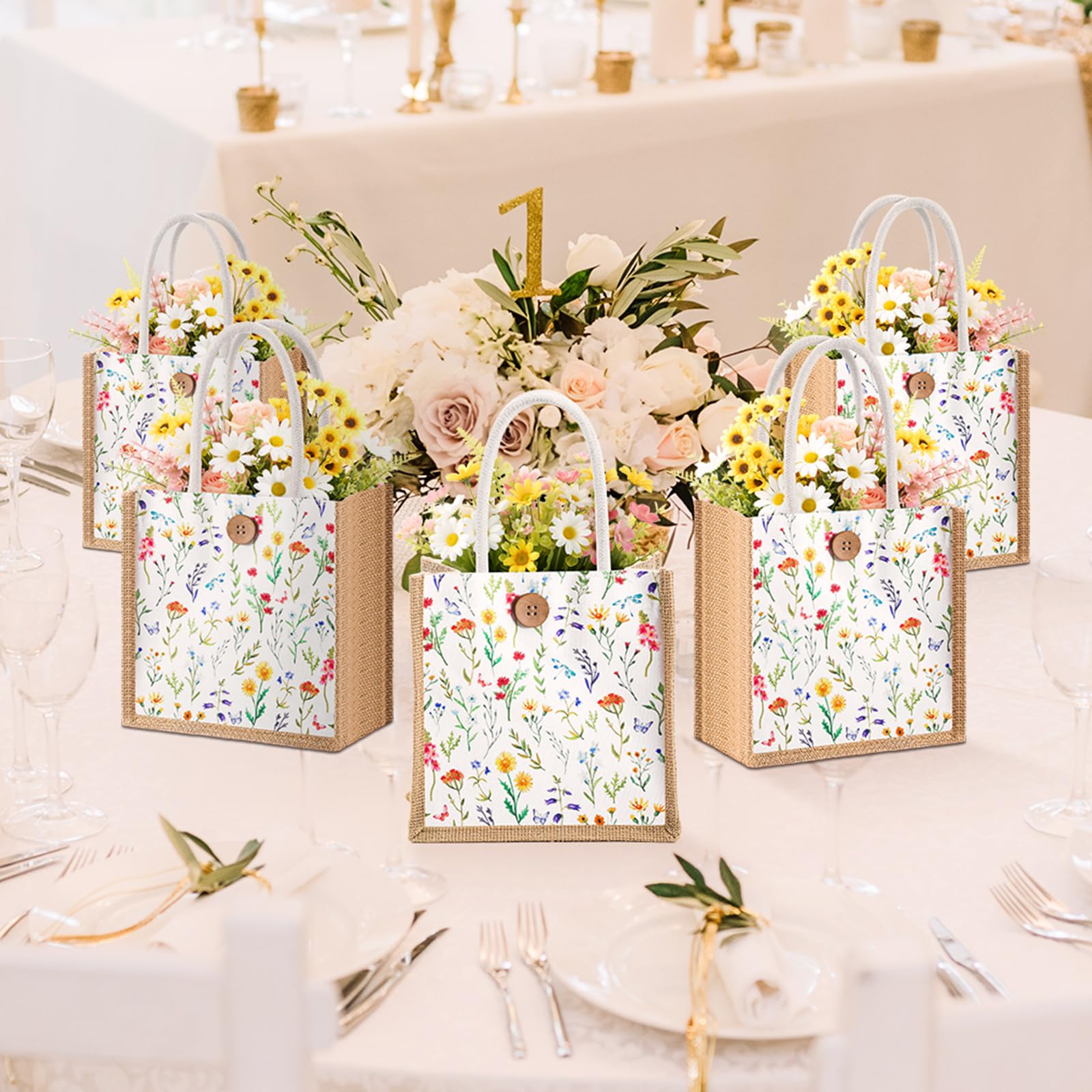 Abbylike Lot de 12 mini sacs cadeaux floraux réutilisables en toile de jute Cielito Lindo avec poignée et bouton pour printemps, mariage, fête prénuptiale, fête (aquarelle)