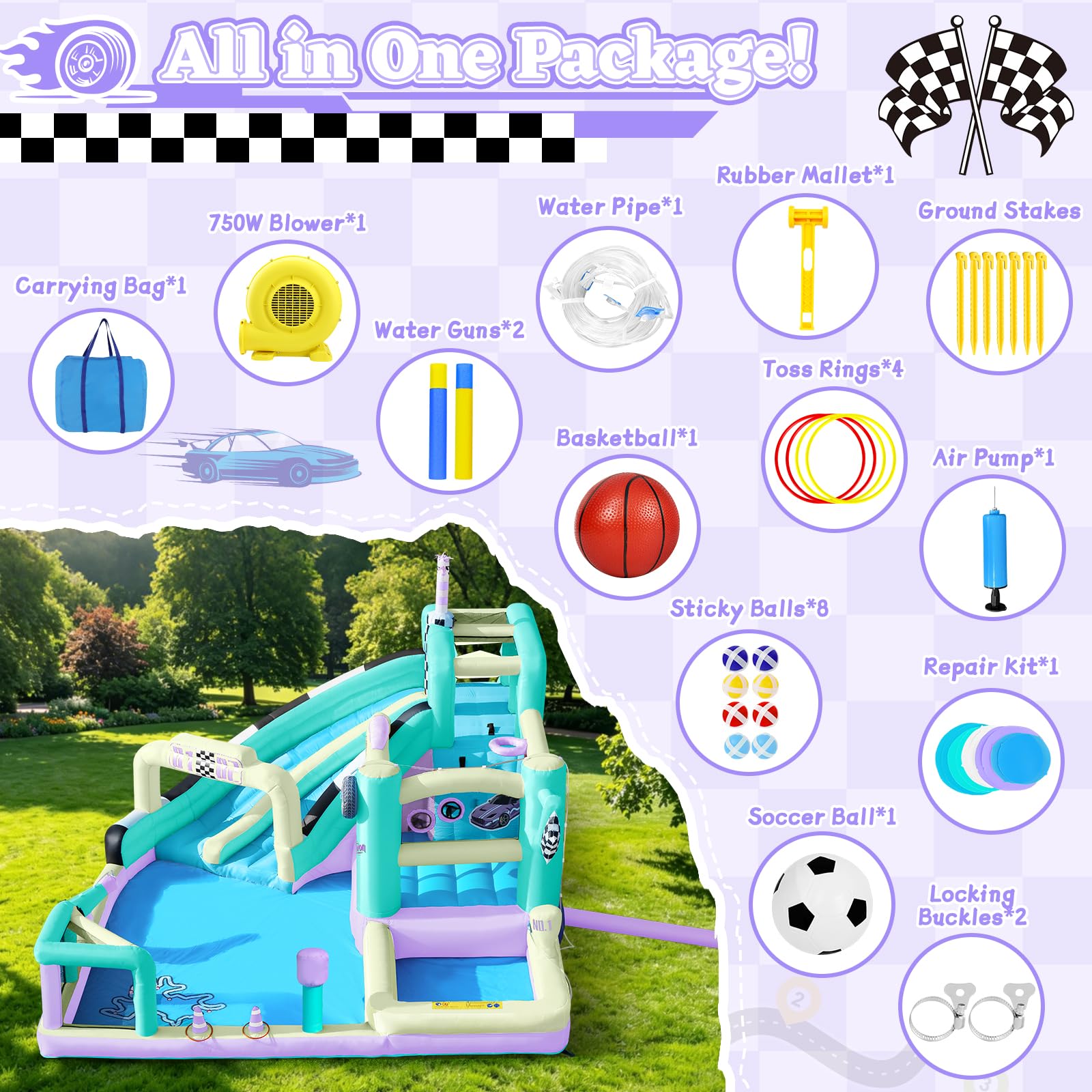 Castillo Inflable de Carreras para Niños, Gran Castillo Inflable 12 en 1 con Soplador de 750W, Doble Tobogán de Agua, Splash Pool, Zona de Salto, Apto para Interiores y Exteriores