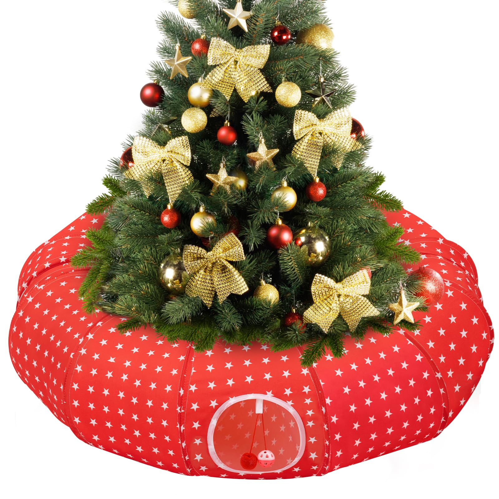 Pawaboo Christmas Cat Tunnel Bed, 35.4" Foldable Tree Skirt Toy, Star