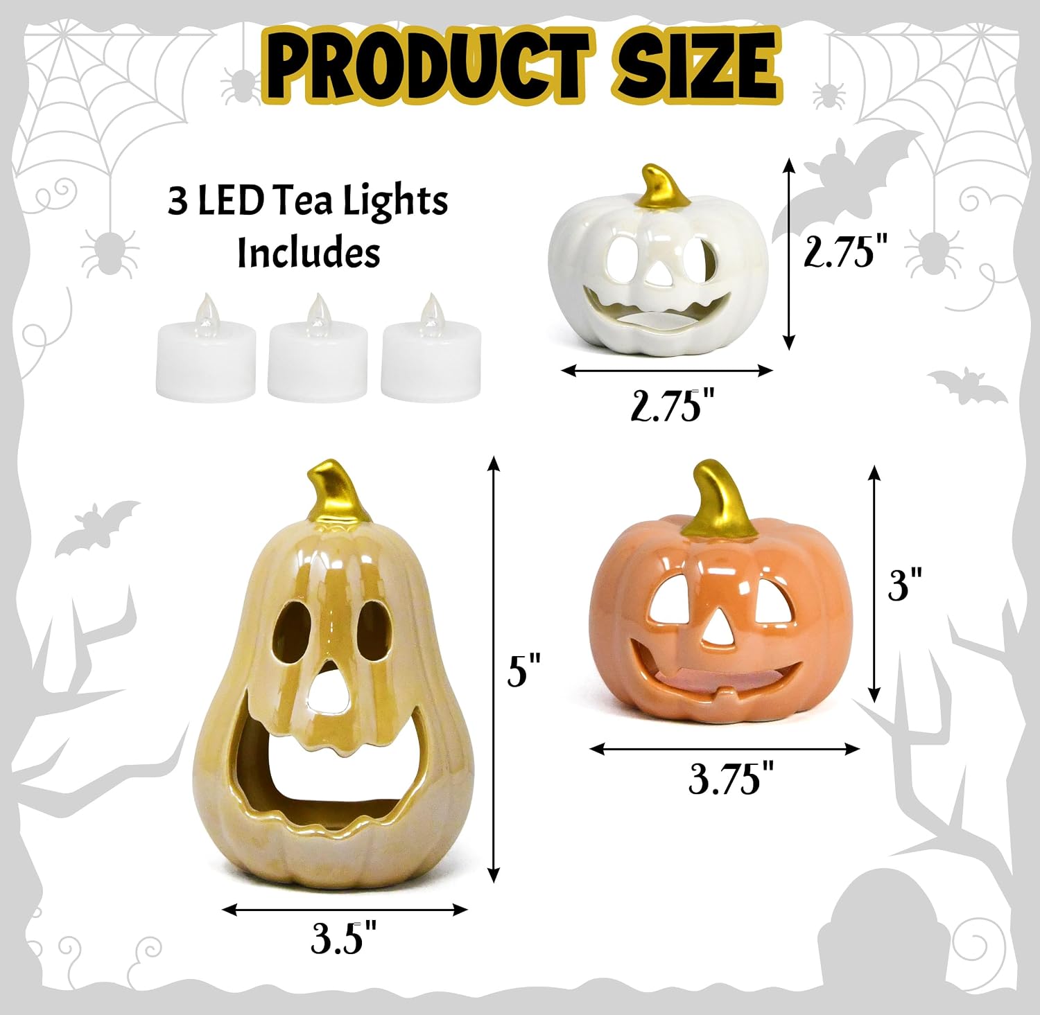 Halloween Ceramic Pumpkin Tea Light Holder Set of 3 Jack O Lanterns