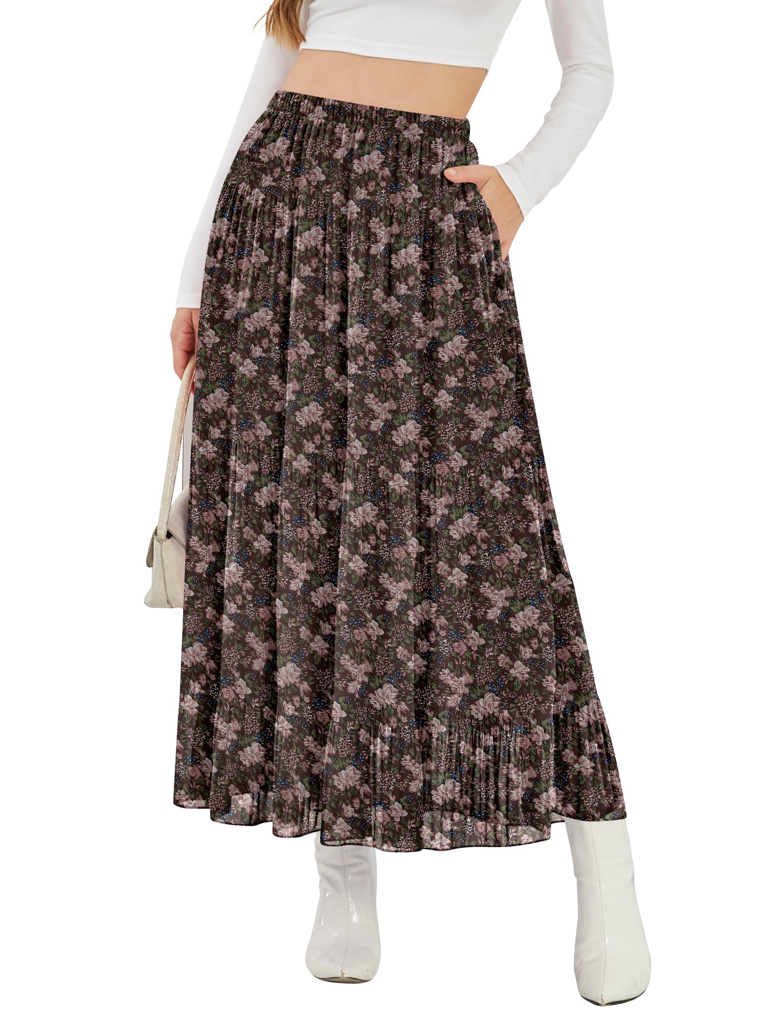 NASHALYLY Womens High Waisted Maxi Skirt Elastic Chiffon Boho Long Skirt with Pockets