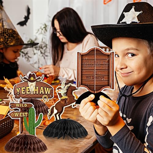 Miniatura 4 de Pajean 9 piezas de centro de mesa de panal de vaquero occidental salvaje, decoraciones de fiesta de vaquero occidental para niños, cumpleaños, baby
