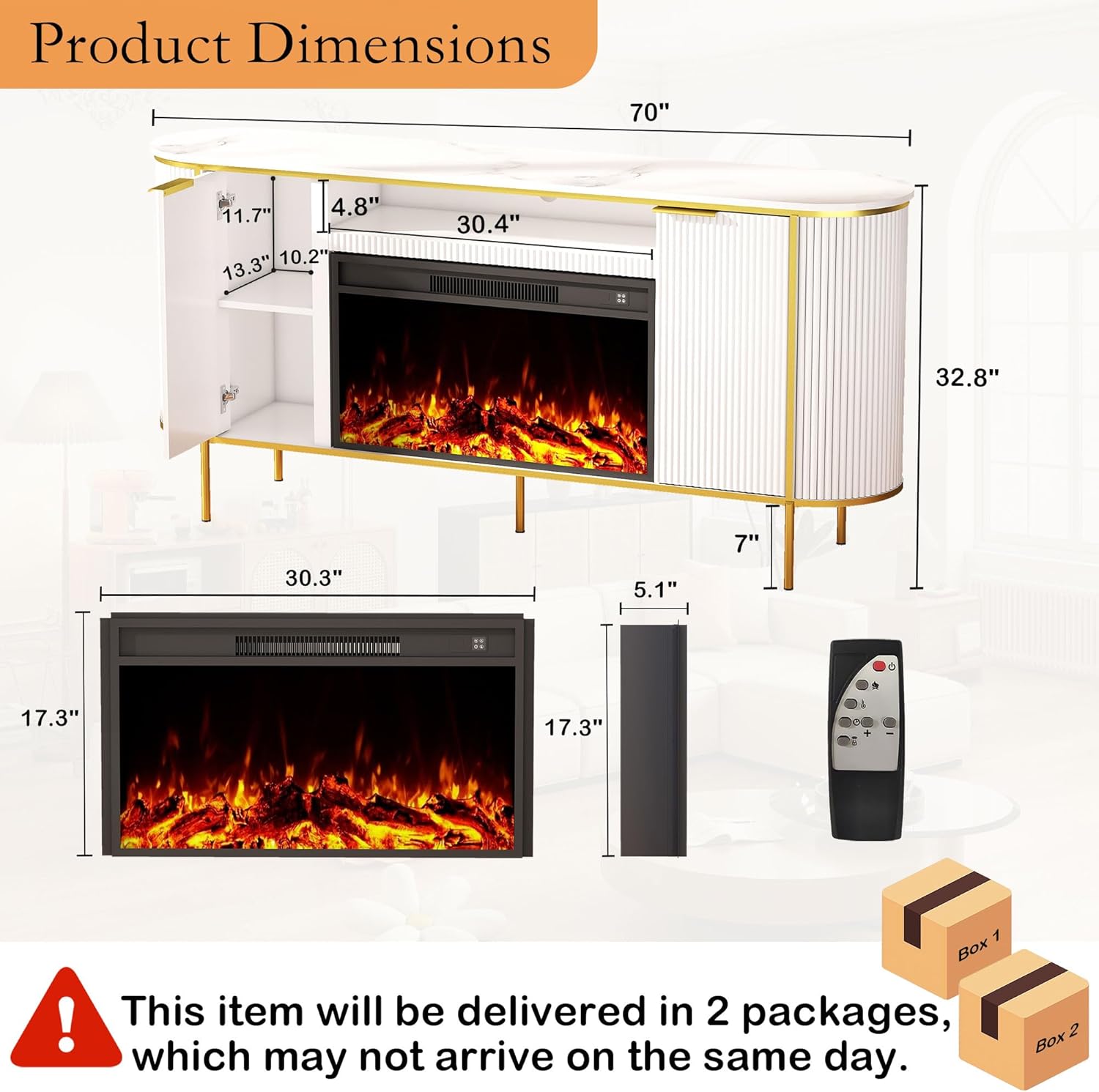 Luxury Fluted Fireplace TV Stand:70" Modern Chic Entertainment Center with Fireplaces for Living Room, Media Console Electric Fireplace with Storage,Off White (White, 70 inch TV Stand with Fireplace) - Image 2