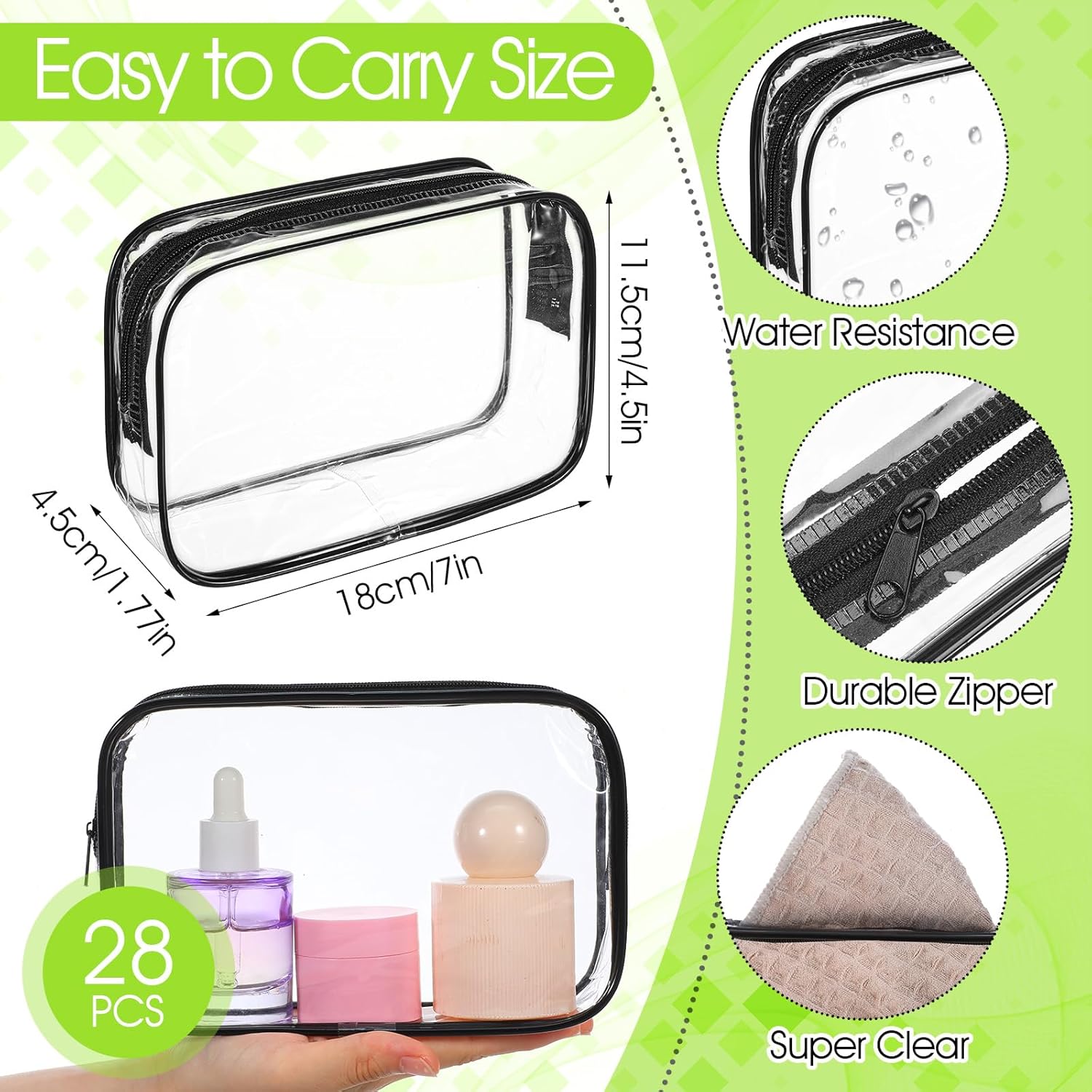 28Pcs Clear Cosmetic Makeup Bags with Zipper, Small Waterproof Toiletry Bag, Clear Travel Bags for Toiletries, PVC Transparent Plastic Organizer Case for Women Men (Black Border 7x4.5x1.7Inch)