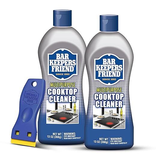 Bar Keepers Friend Cooktop Cleaner (2 x13 oz) + Scraper - Multipurpose Liquid Stovetop Cleanser, Safe for Use on Glass & Ceramic Cooking Surfaces, Copper, Brass, Chrome, Stainless Steel & Porcelain
