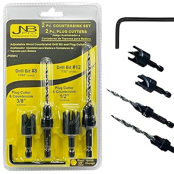 JNB Pro Wood Countersink Drill Bit Set & Wood Plug Cutters - 2 Pc Adjustable Countersink Bit #8(7/64