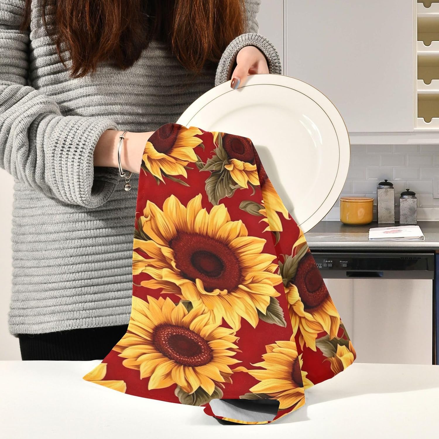 Sunflower Red Kitchen Towels, 18 x 28 Inch Super Soft and Absorbent Dish Cloths for Washing Dishes, 4 Pack Reusable Multi-Purpose Microfiber Hand Towels for Kitchen