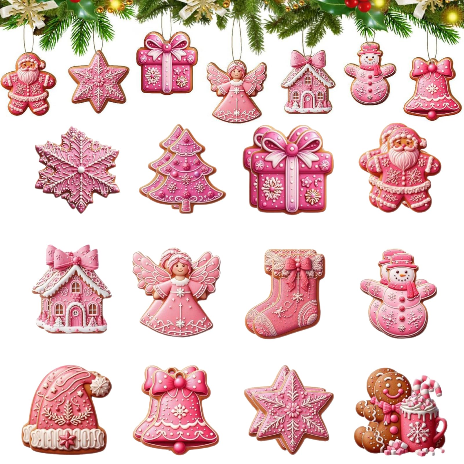 KASESSS 24 PCS Christmas Tree Decorations, Xmas Tree Decorations Pink, Wooden Christmas Decorations with Cords, Snowman Deer Bell Shape Christmas TrEe Ornaments, Winter Holiday Party Supplies
